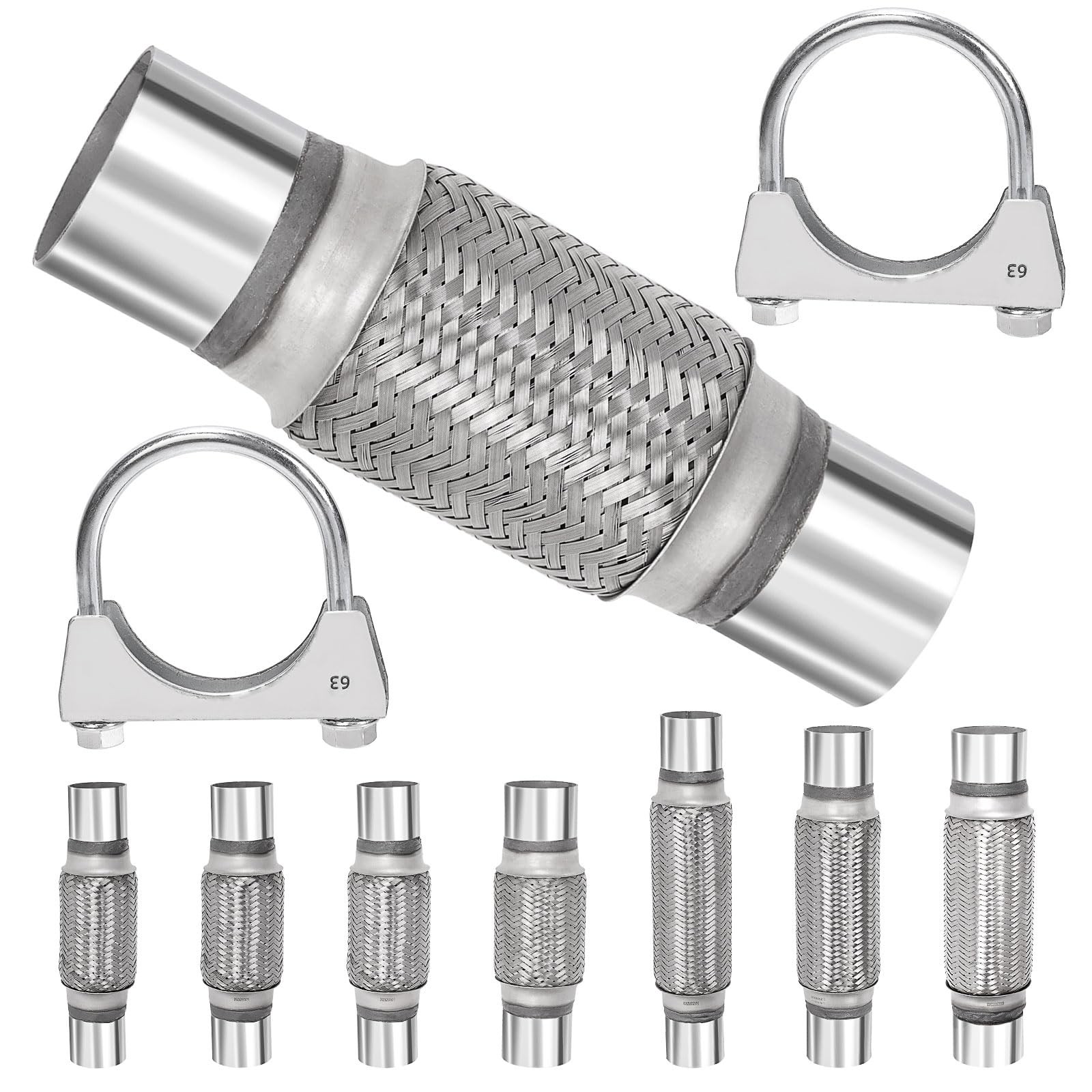 3PCS 2.5\'\' Exhaust Flex Pipe Kit w/U-Clamp Stainless Steel Double Braid 3PCS 2.5\'\' Exhaust Flex Pipe Kit w/U-Clamp Stainless Steel Double Braid