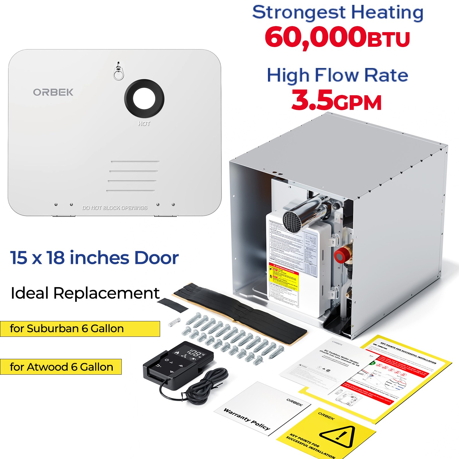 60,000 BTU RV Tankless Water Heater Instant Hot w/ 15''x18'' Door + Controller