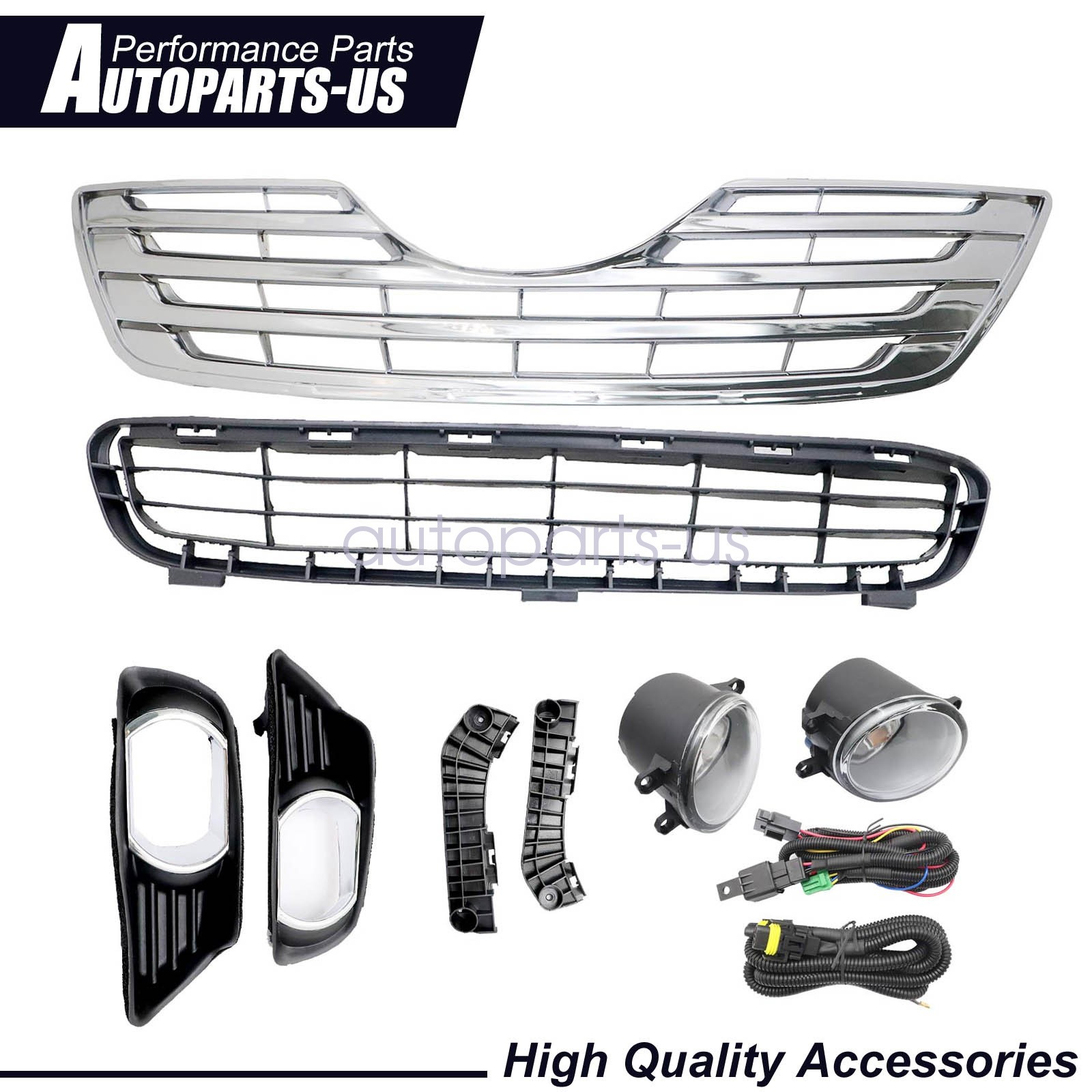Front Grille Fog Lights Bezels and Bracket Set 8pcs Fits 2007-2009 Toyota Camry