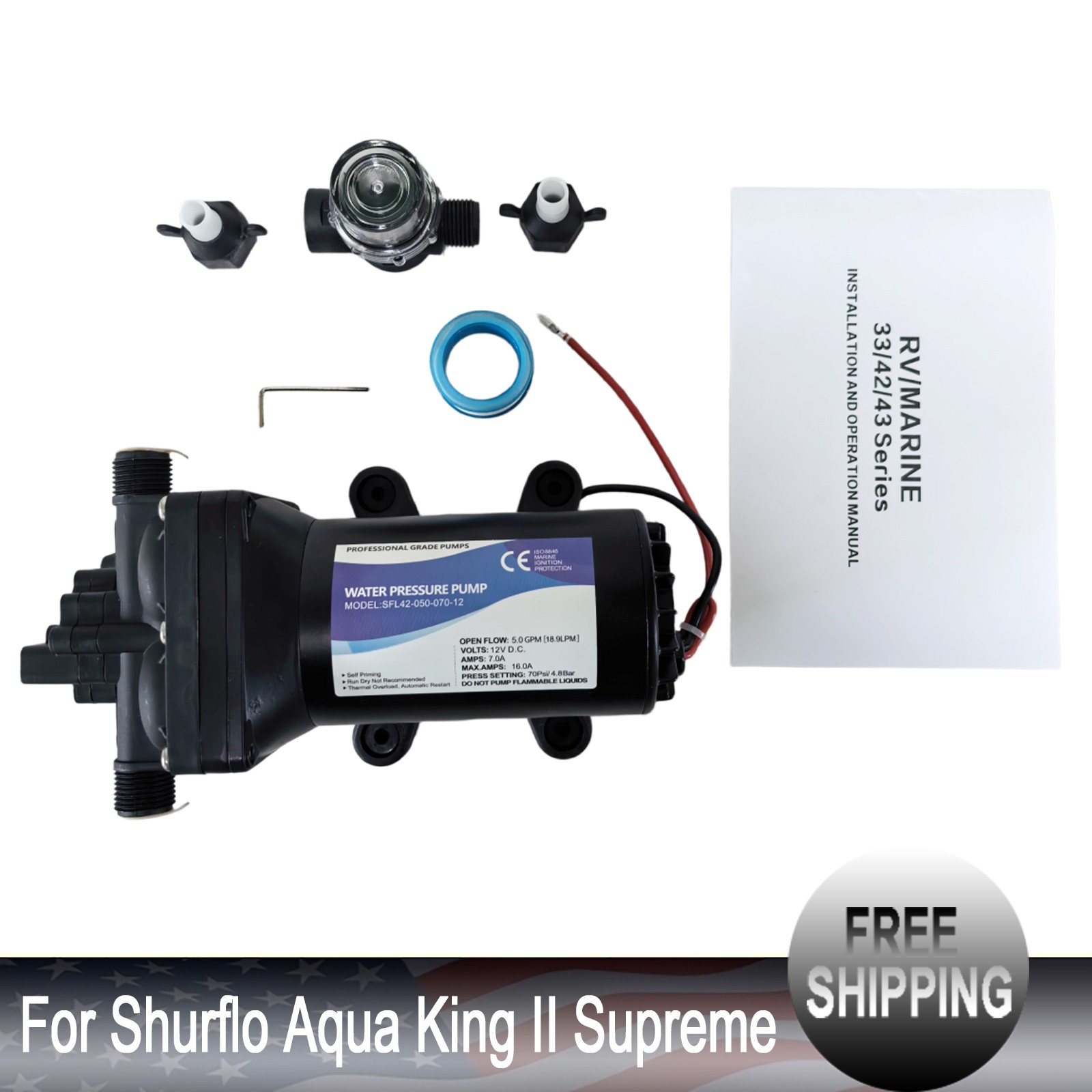 12V DC For Shurflo Aqua King II Supreme 5.0 GPM 55PSI Water Pump for RV & Marine