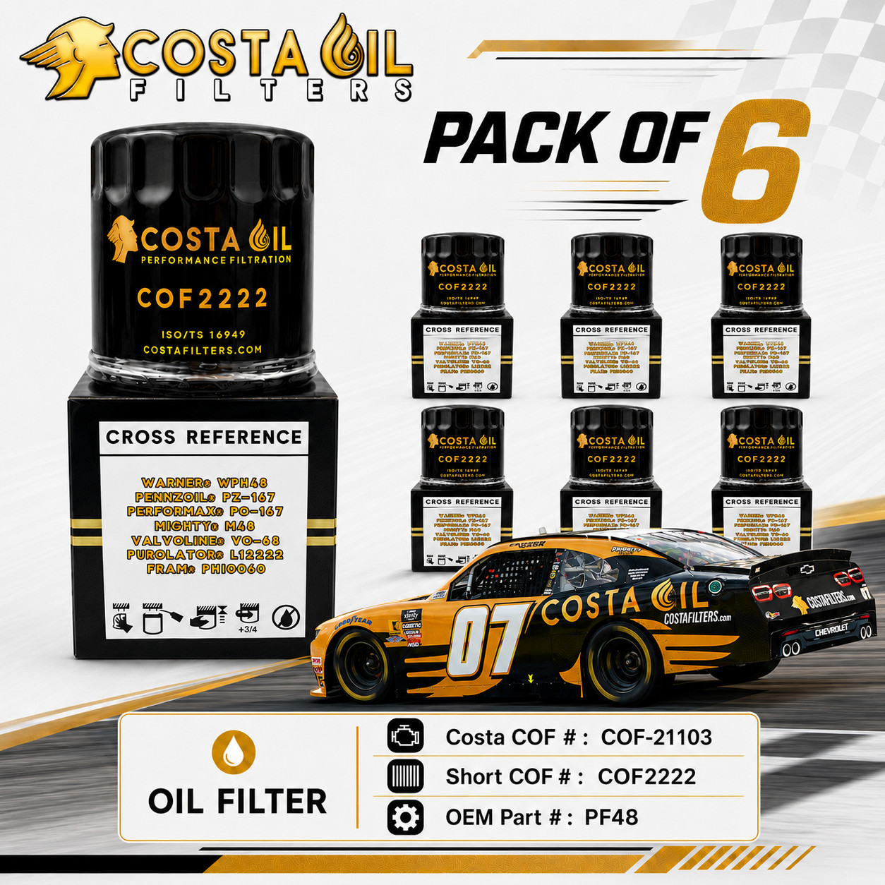 (6 Pack)  COF2222 Oil Filter PUROLATOR L12222 For RAM CADILLAC CHEVROLET PH10060