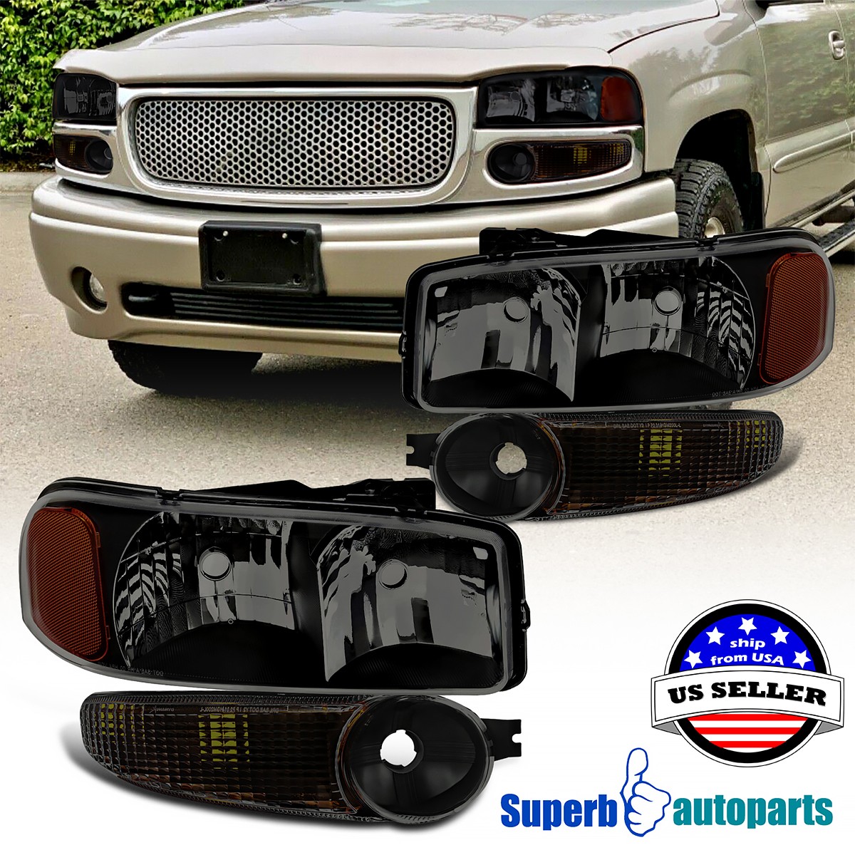 For 00-06 GMC Sierra 1500 2500 3500 Yukon XL Denali Smoke Headlight+Bumper Light