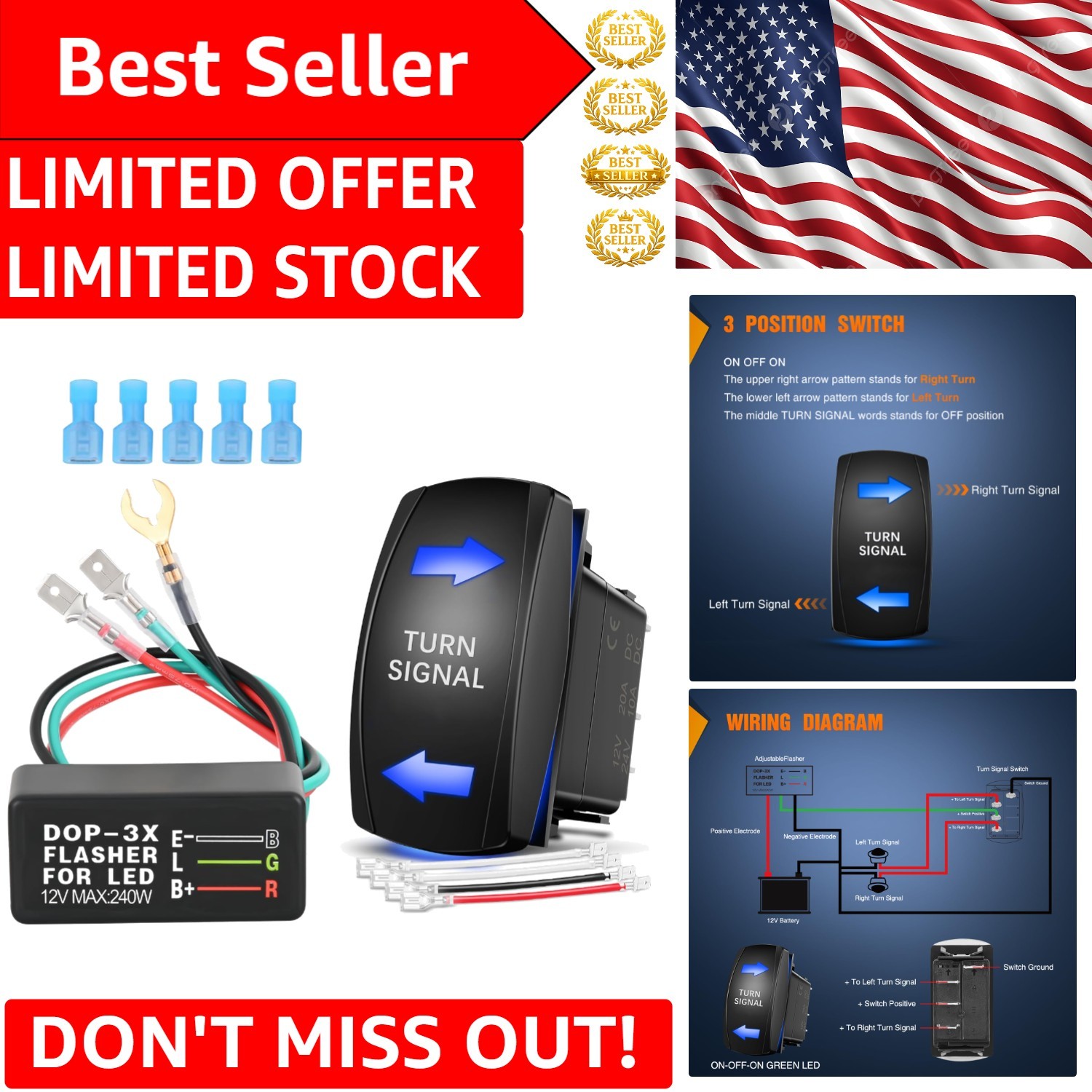 All-in-One Turn Signal Switch with Blue LED and Flasher Relay for Easy Install