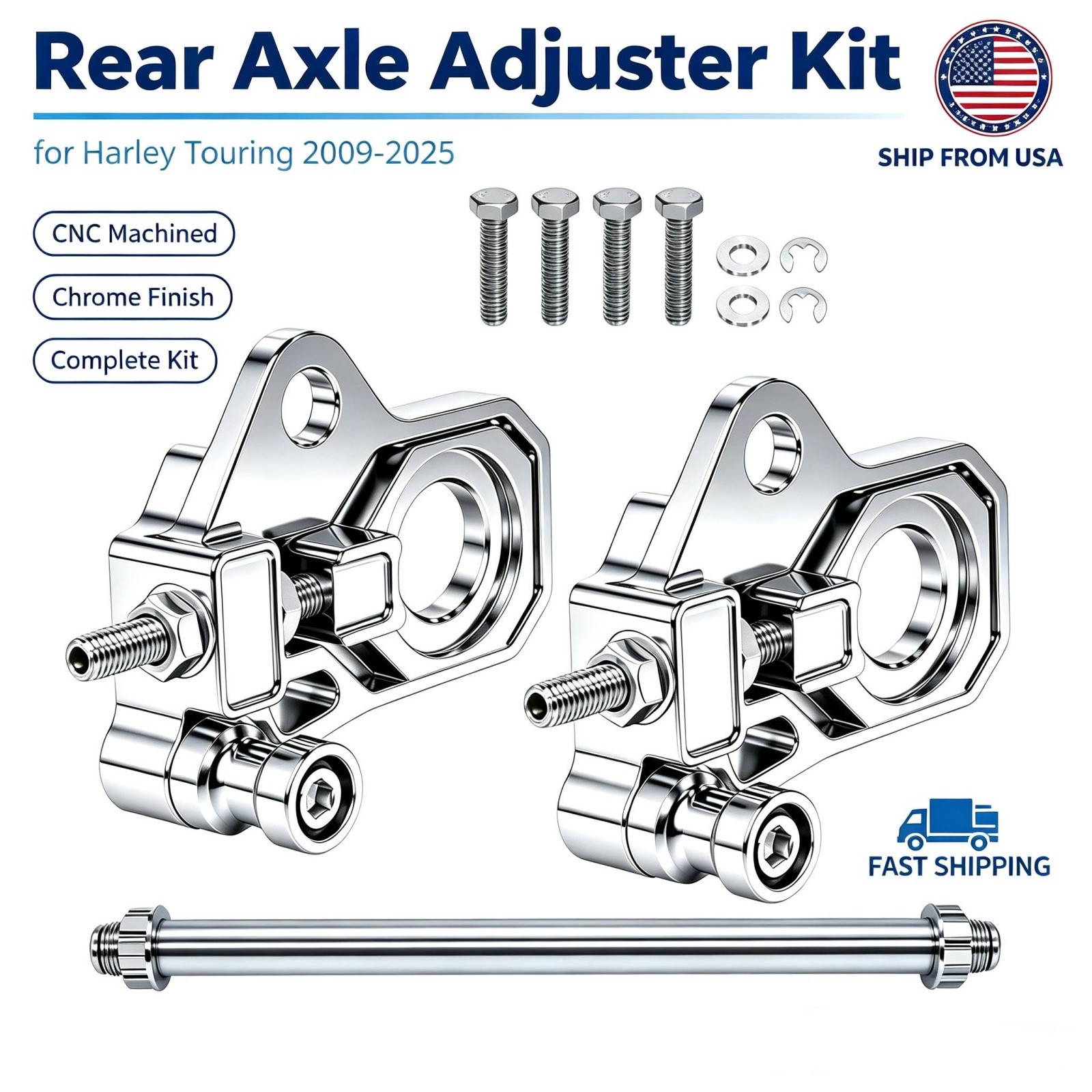Chrome Rear Axle Adjuster Motorcycle Kit Fit For Harley Touring 2009-2025 Models
