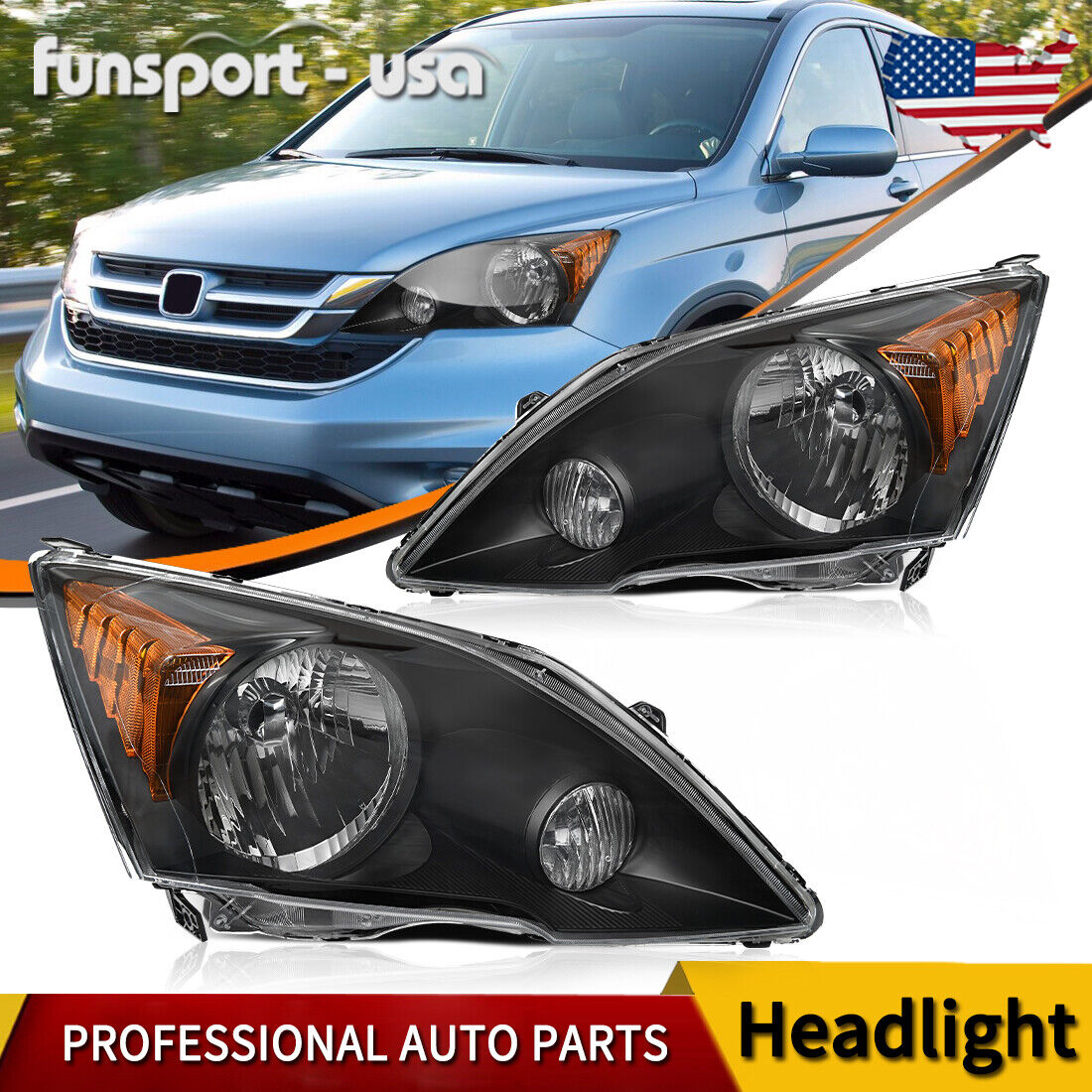For 2007-2011 Honda CR-V CRV Headlights 07-11 Replacement Headlamps Black Amber
