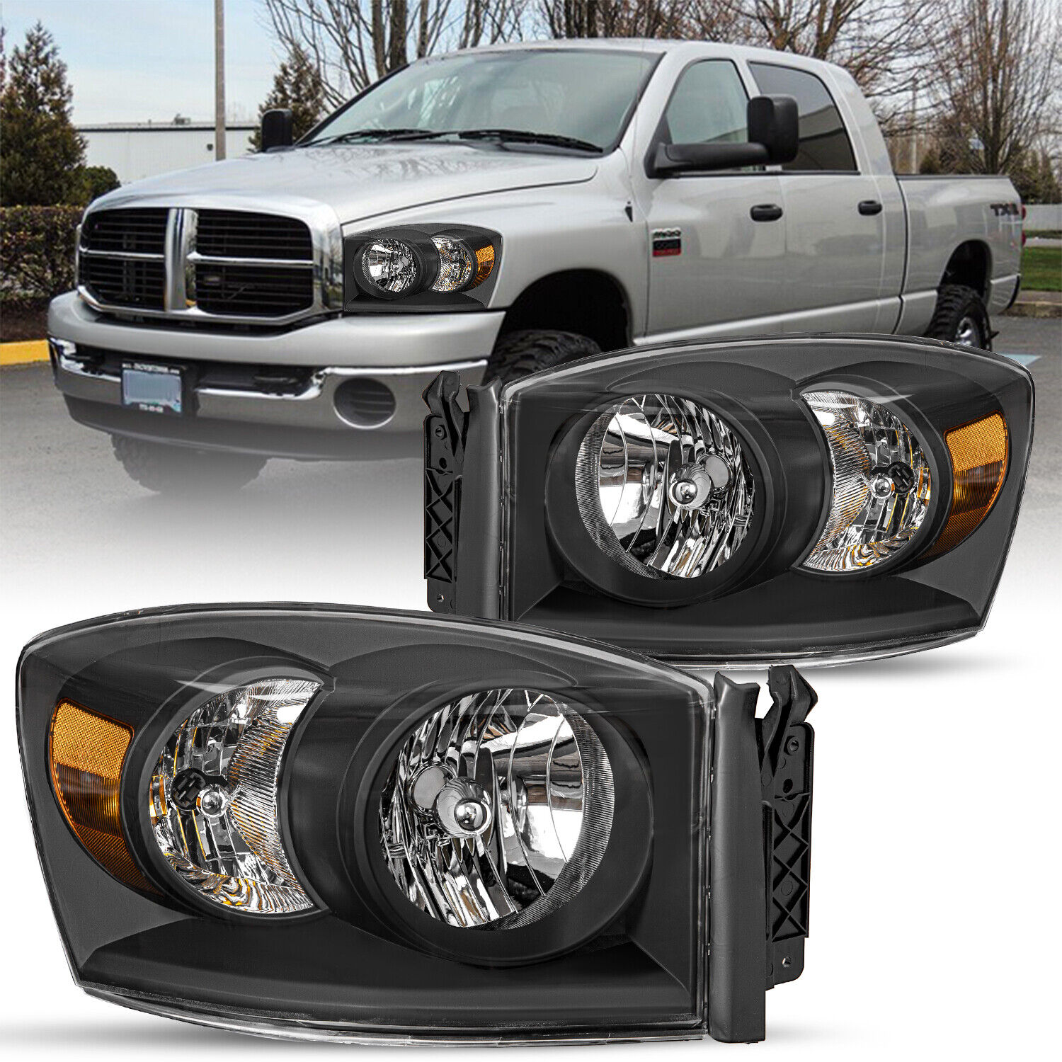 For 2006-2008 Dodge Ram 1500 2500 3500 Black Amber Headlights Assembly Pair 
