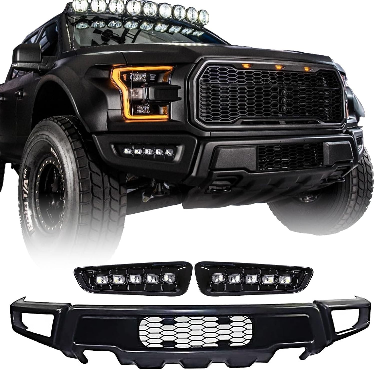 Front Bumper For 2015-2017 F-150 Glossy Charcoal Raptor Style with Fog Lights