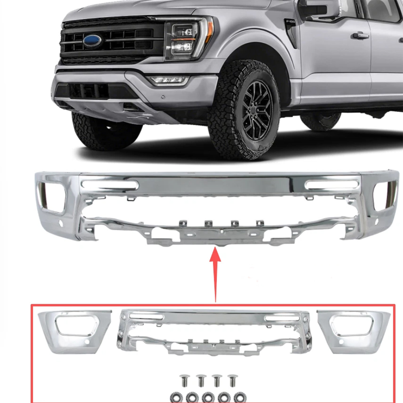 Chrome Steel Front Bumper Face Bar For 2019-2023 Ford Ranger With Sensor Holes