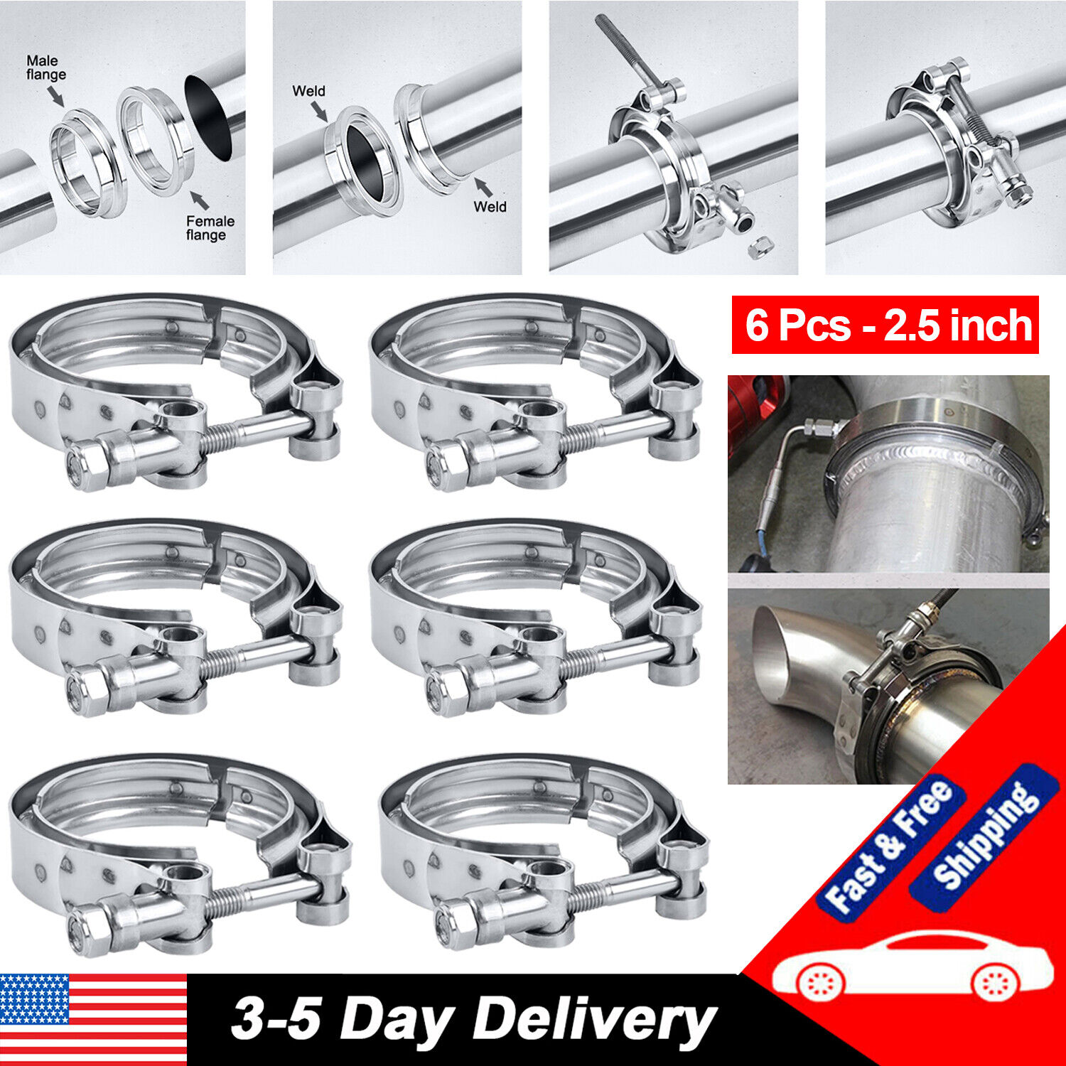 6x Universal 2.5inch Stainless Steel V Band Clamp Exhaust Pipe Clamp Flange Kit