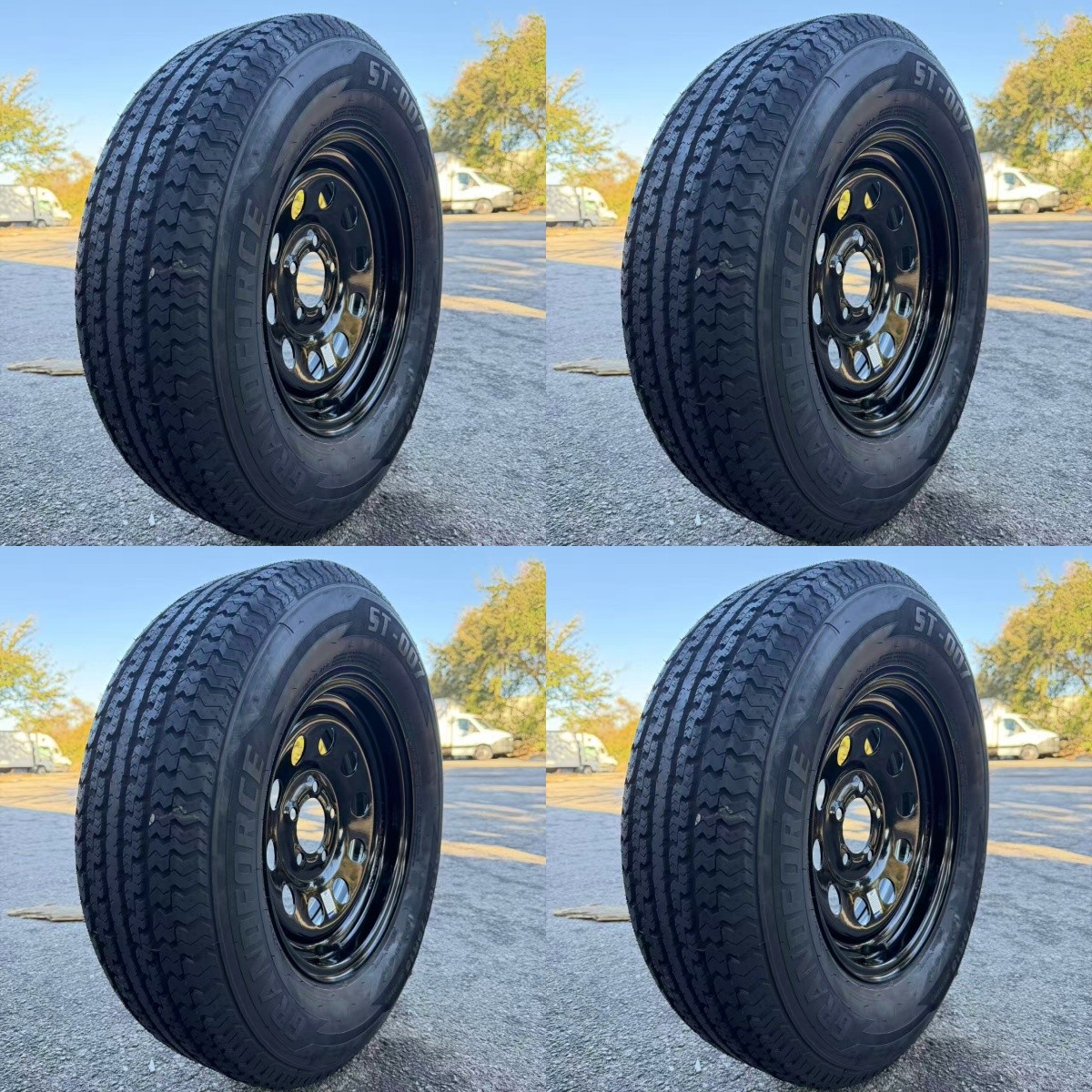 4PCS GRANDFORCE ST007 Trailer Tires ST205/75R15 10PRon 15x5 5x4.5 Black Wheels