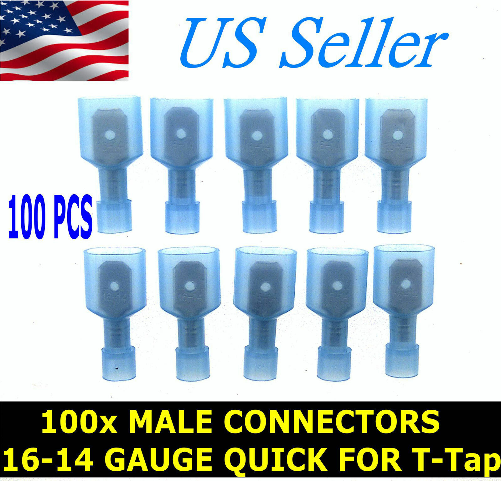 100x Male Wire Connector Quick Blue 16-14 Gauge T-Tap