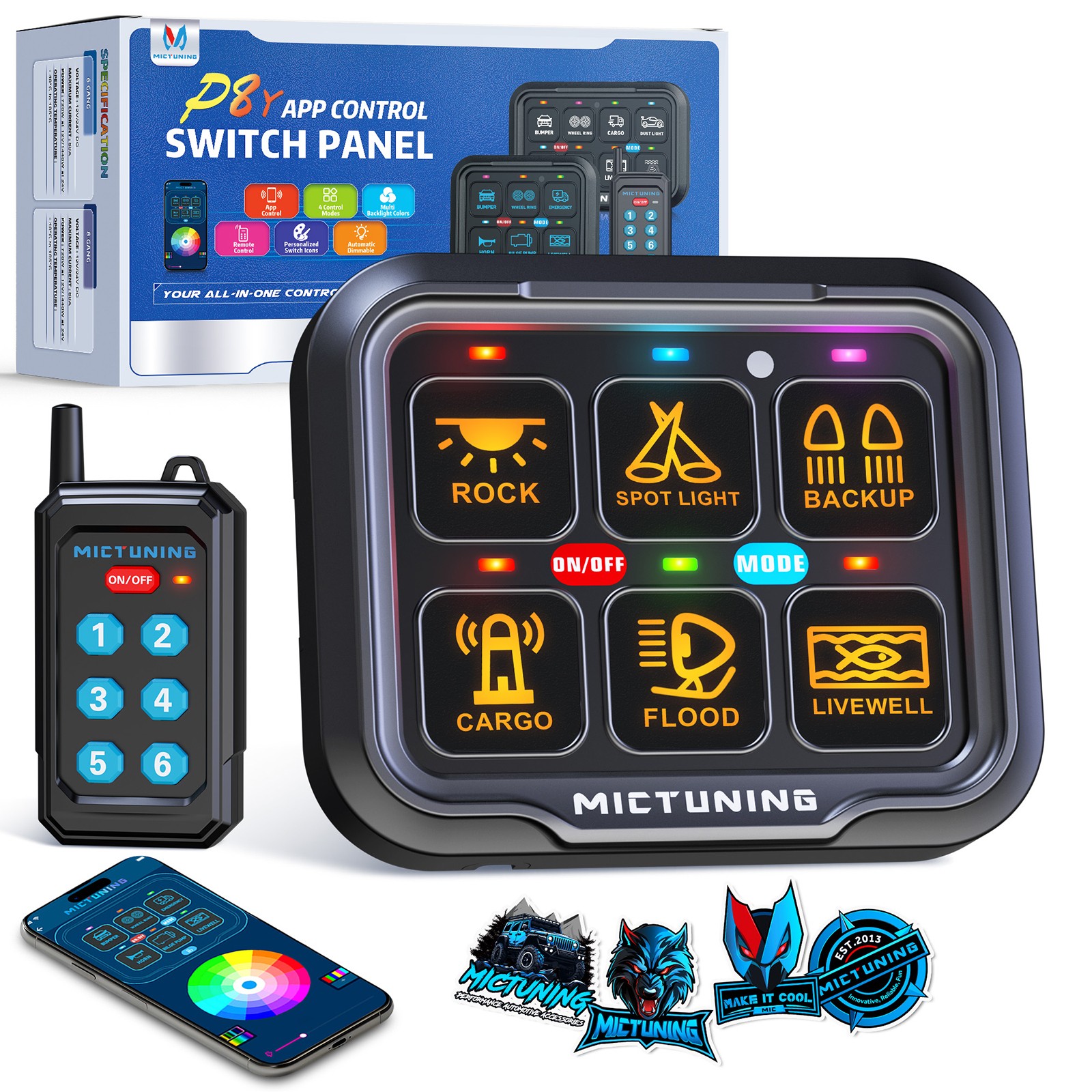 MICTUNING 230FT 6 Gang Switch Panel 12v Wireless Remote APP LED Relay System Kit