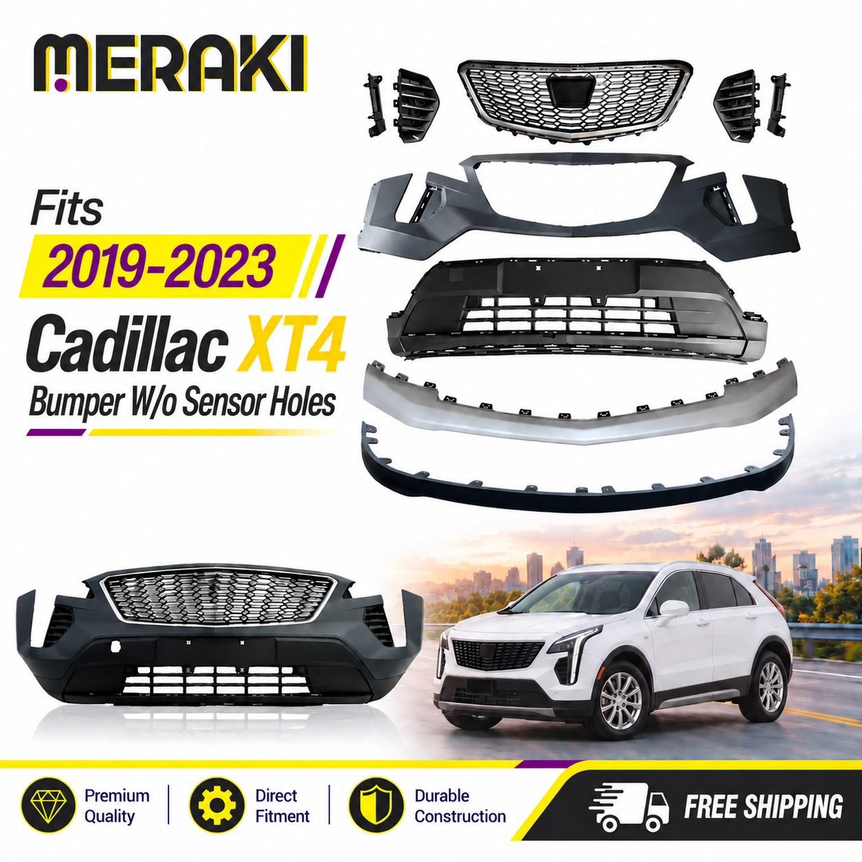 For 2019-2023 Cadillac XT4 Front Bumper Cover Grille Kit without Sensor Holes