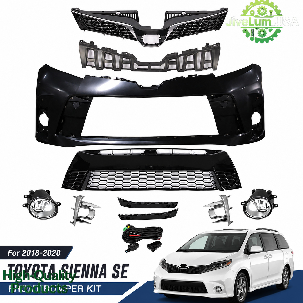 Front Complete Bumper W/ Grille Fog Lights For 2018 2019 2020 Toyota Sienna SE