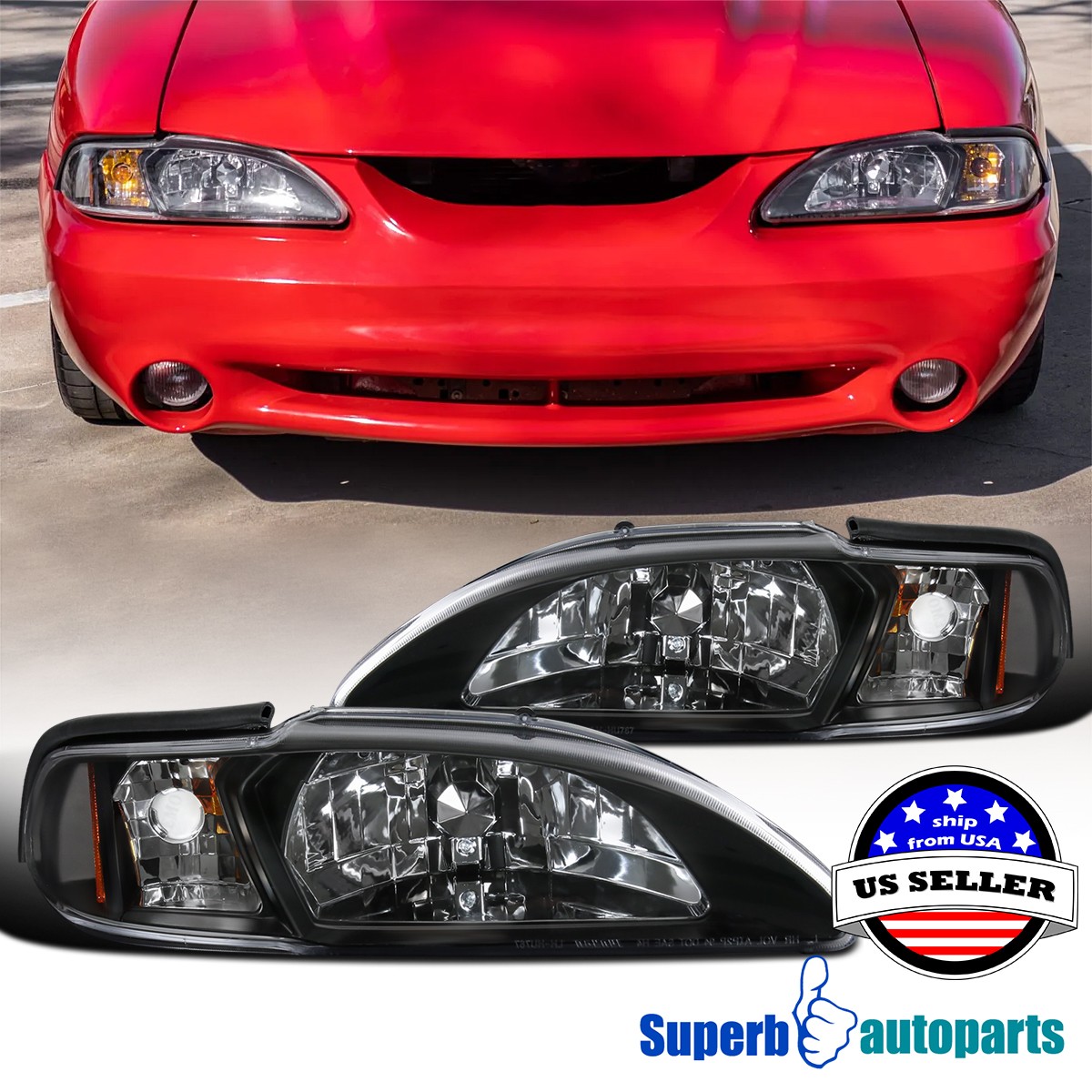 Fits 1994-1998 Ford Mustang Head Lamps Corner Lights Black 94-98 Replacement Fits 1994-1998 Ford Mustang Head Lamps Corner Lights Black 94-98 Replacement