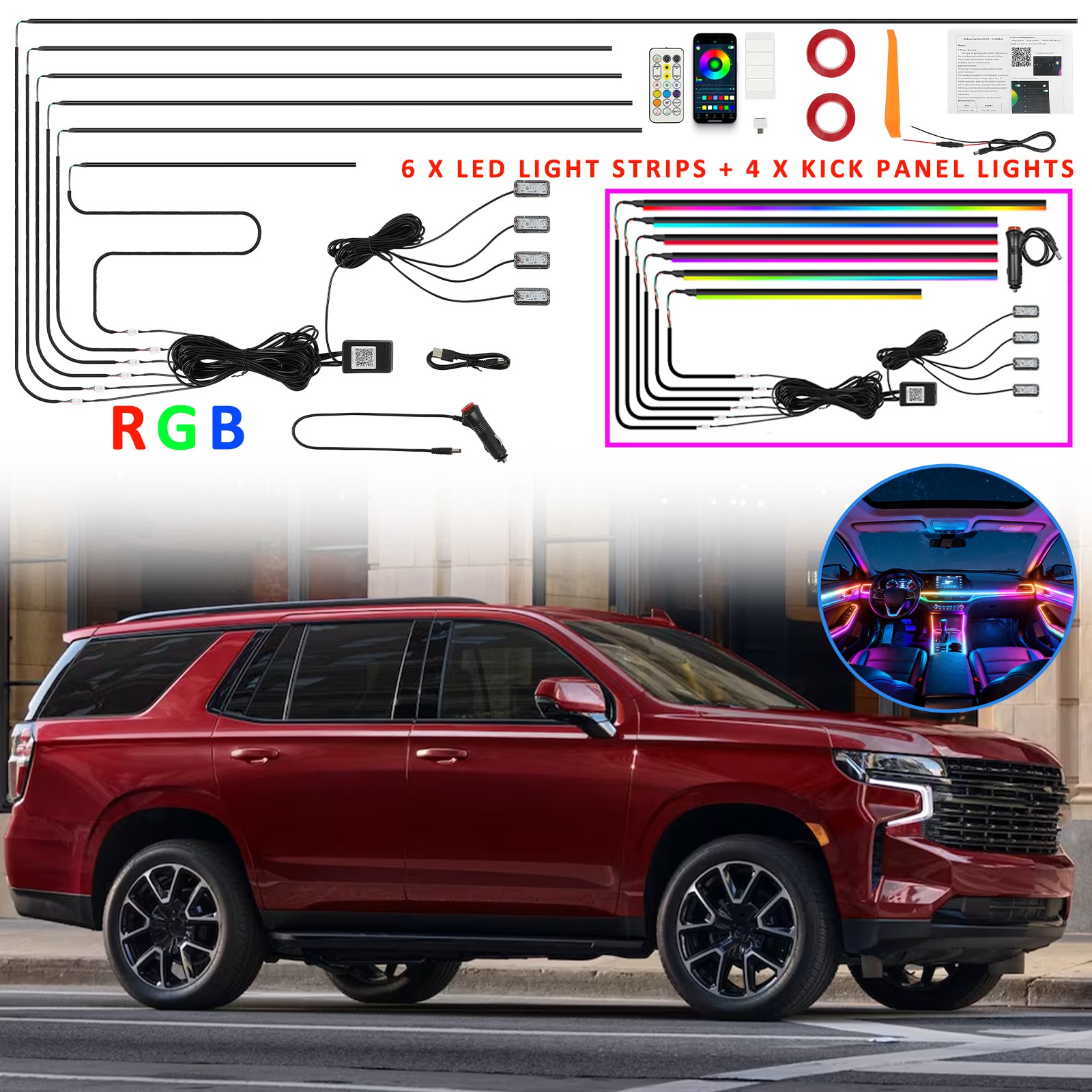 10 in 1 RGB LED Neon Interior Strip Light Ambient Lights Kit For CHEVROLET TAHOE