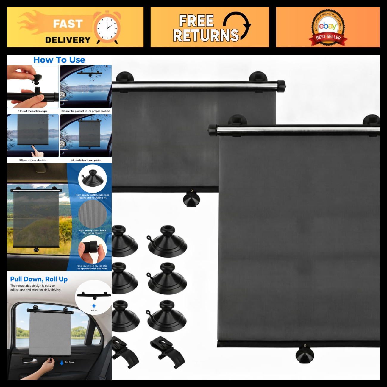 2 Pack Retractable Car Sun Shades for Side Windows, UV & Heat Blocker, Universal