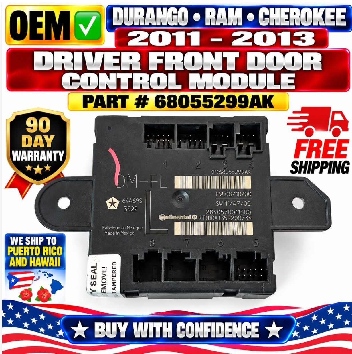 OEM 11-13 Durango Ram Cherokee Driver Front Door Control Module 68055299AK OEM 11-13 Durango Ram Cherokee Driver Front Door Control Module 68055299AK
