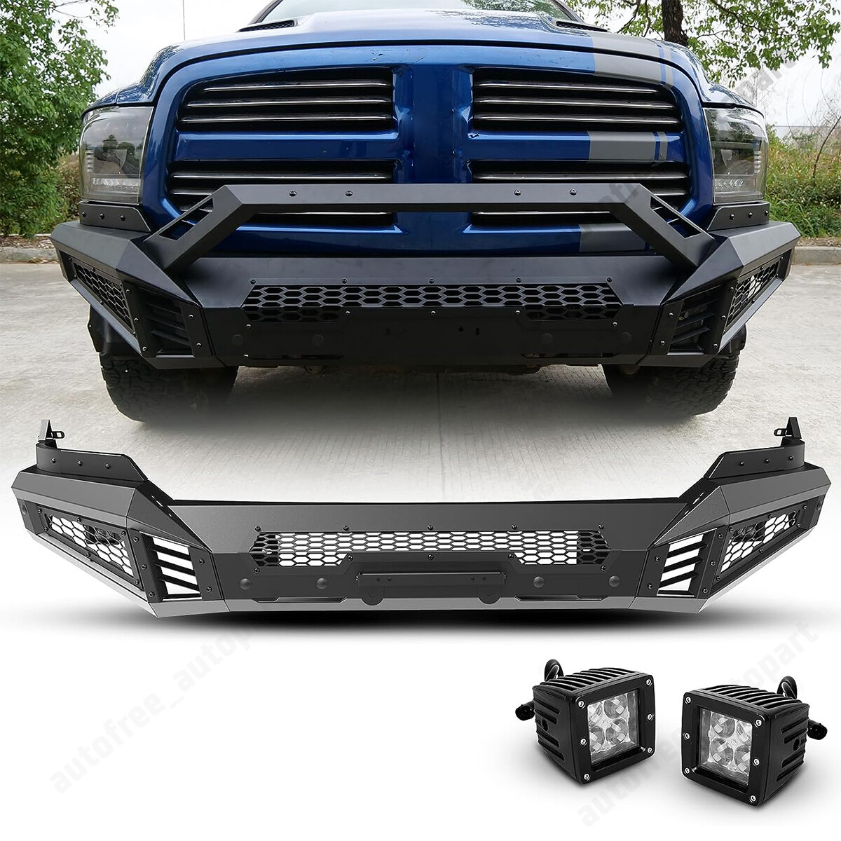 2 in 1 Front Bumper For 2013-2018 Dodge Ram 1500 Pickup Truck w/LED Pod Lights