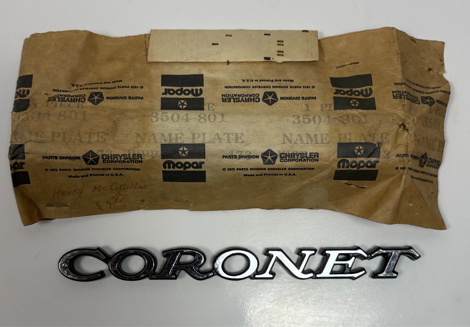 New Old Stock Nameplate for 1969-74 Dodge Coronet Models Mopar #3504801