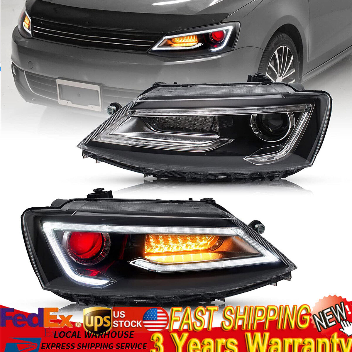 Fits Black 2011-2018 Volkswagen Jetta MK6 LED Strip Projector Headlights Pair