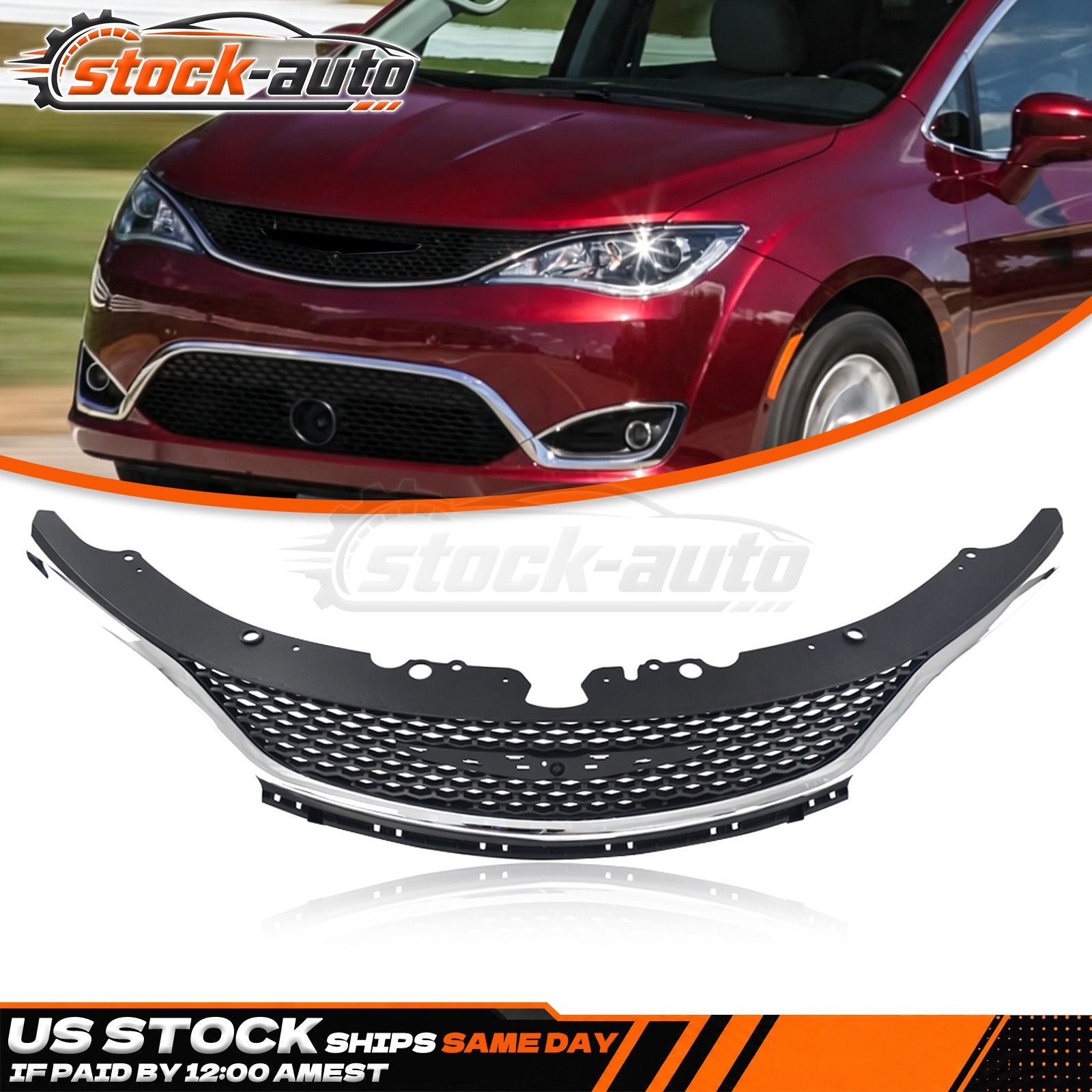 For 2017-2020 Chrysler Pacifica Front Upper Grille Grill W/ Chrome Molding Trim
