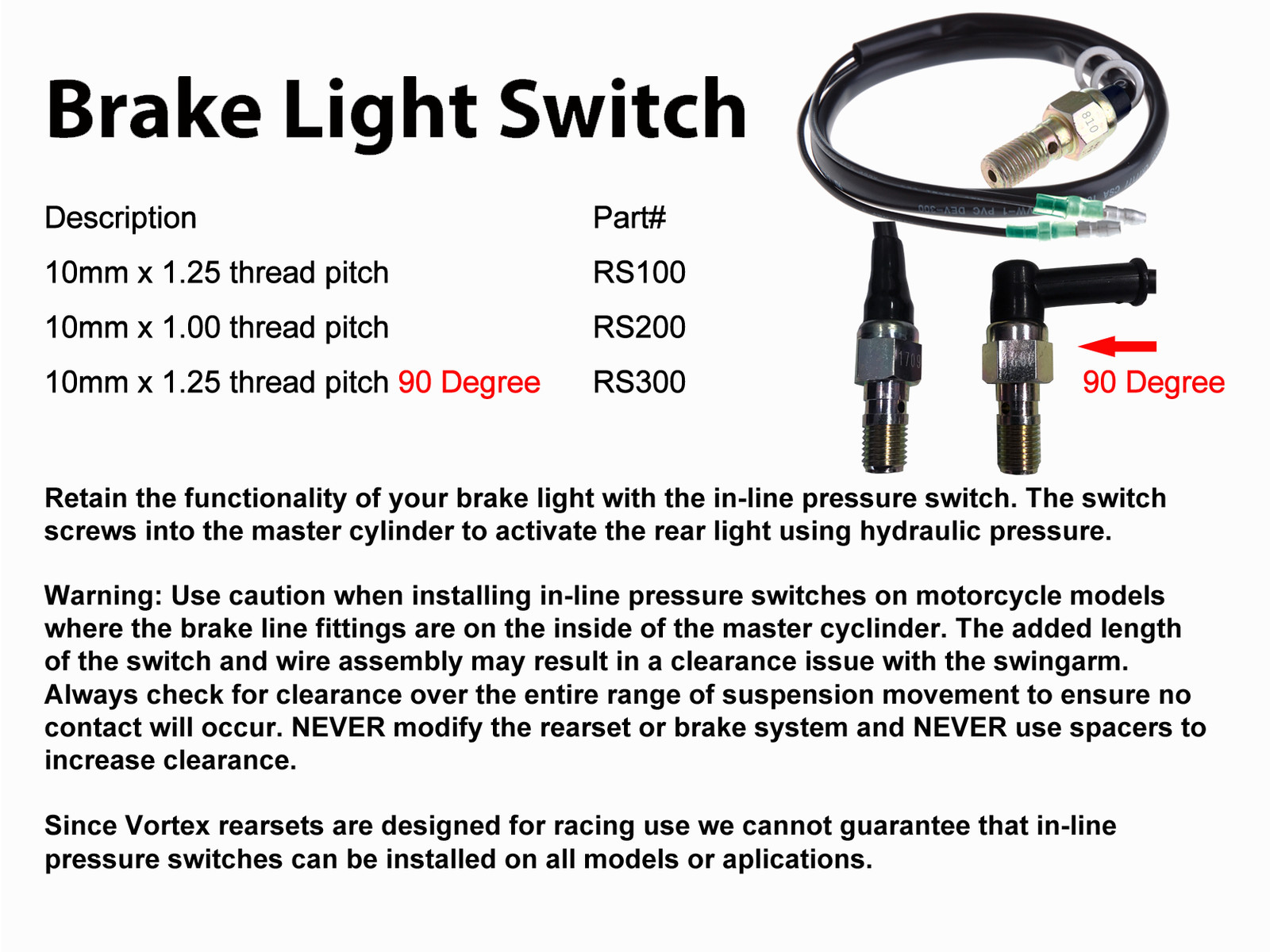 Vortex 90 Degree Brake Light Pressure Switch RS300
