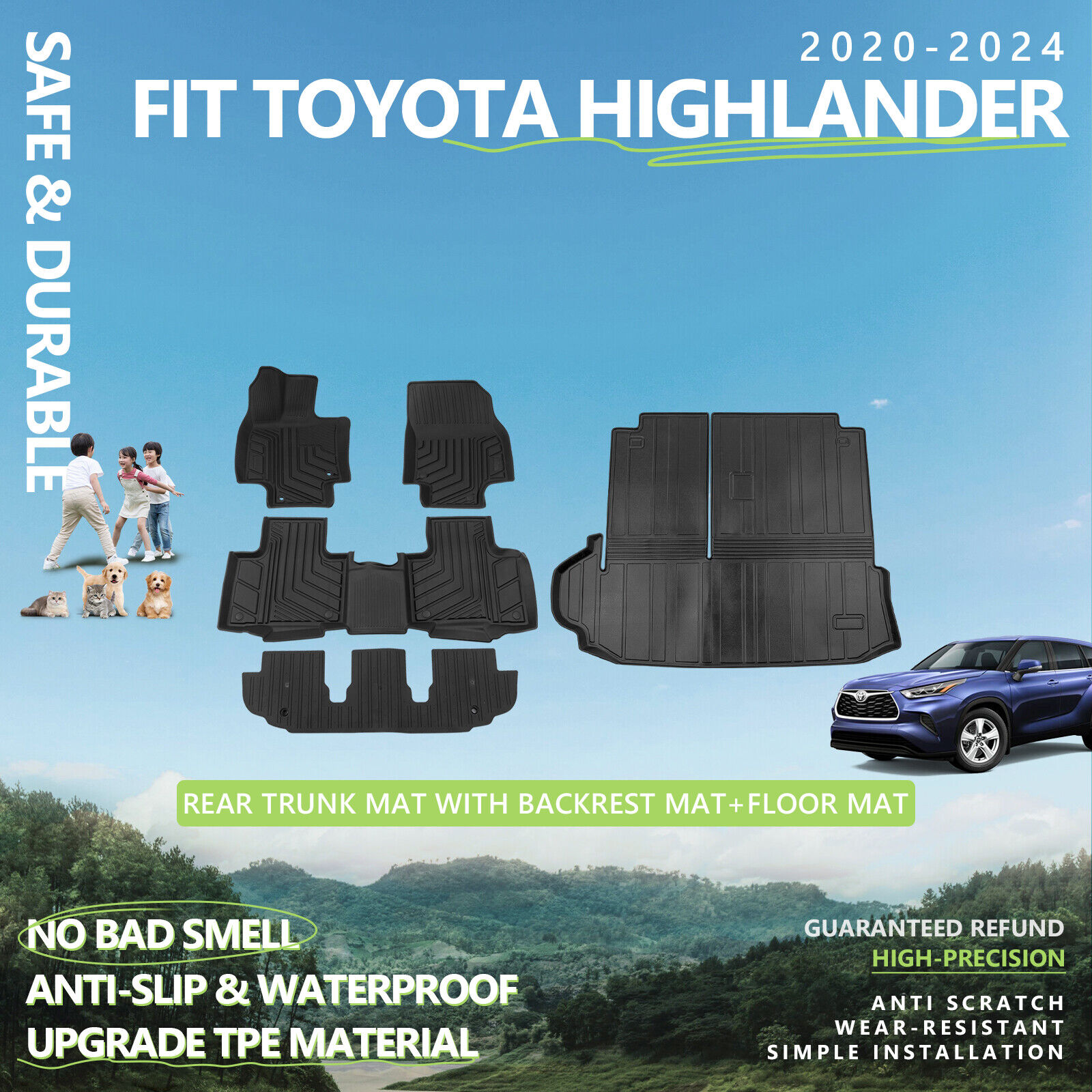 For 2020-2024 Toyota Highlander Cargo Mats Floor Mats Backrest Mat Trunk Liners