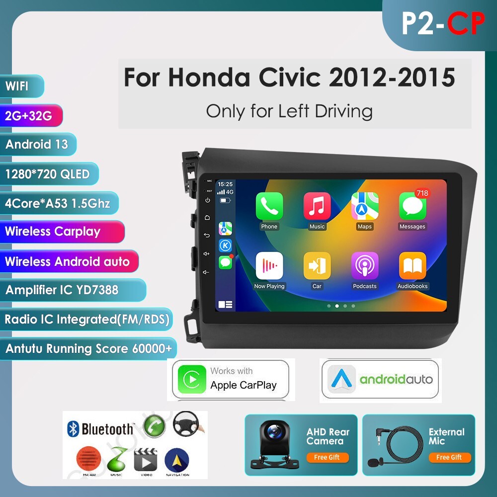 For 2012-15 Honda Civic Android 13 Car Stereo Radio Apple CarPlay GPS Nav Player