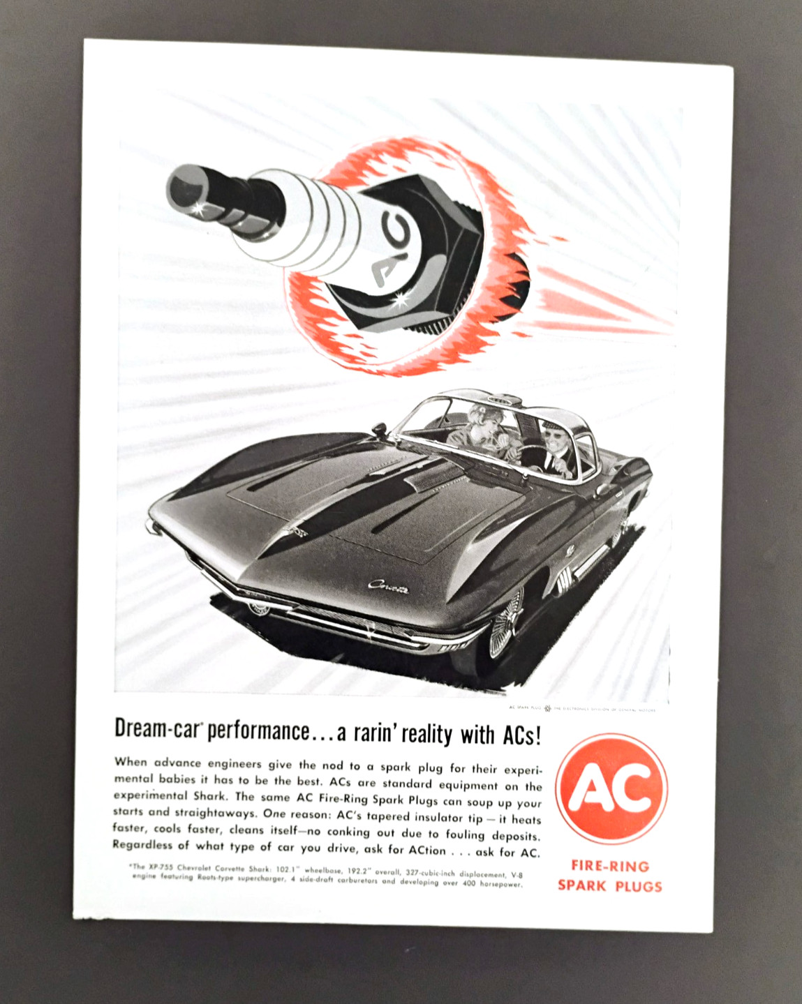 1963 Chevy Corvette Concept car AC sparkplugs original magazine auto ad print