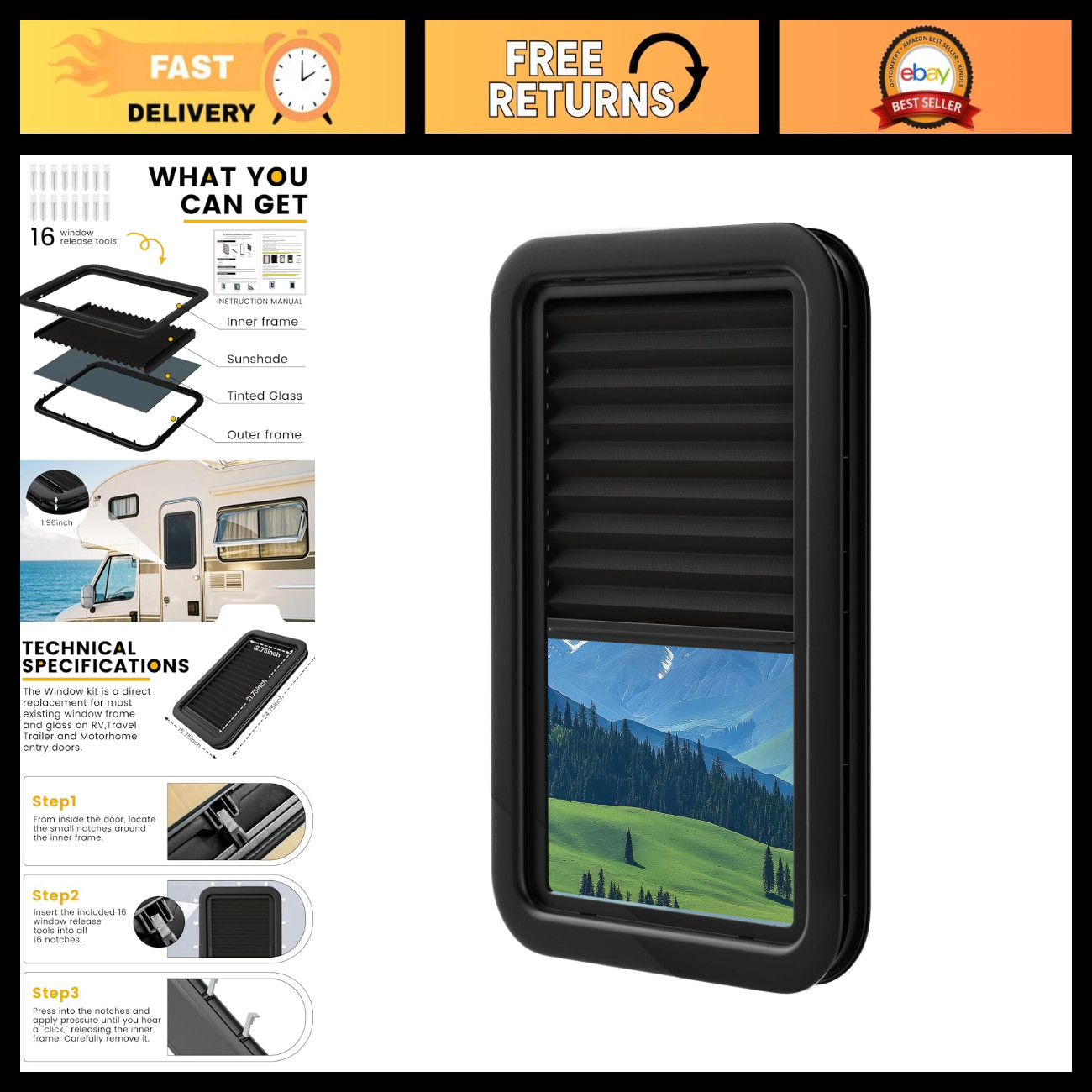 Complete RV Window Kit 12x21 Inch, Black - Durable Replacement for Trailers Complete RV Window Kit 12x21 Inch, Black - Durable Replacement for Trailers