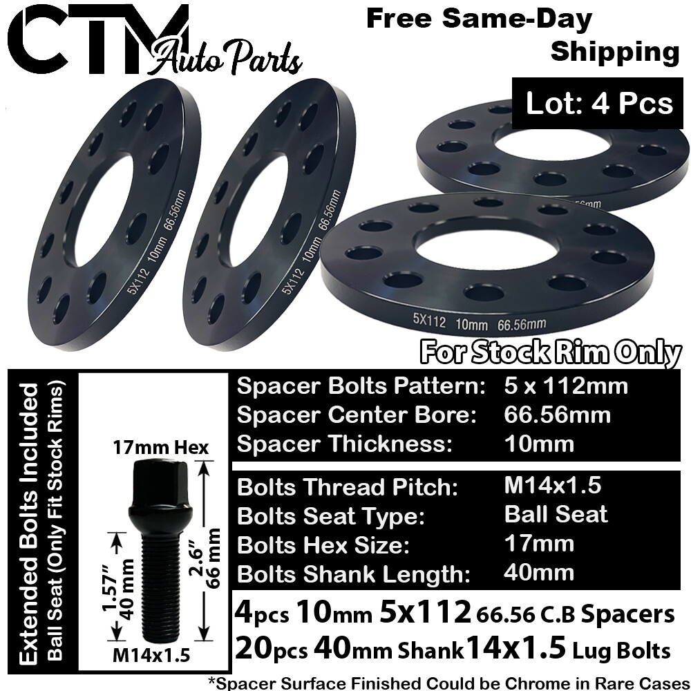 4x 10mm THICK 5x112 66.56 CB WHEEL SPACER NO HUBRING KIT 40mm SHANK FIT MERCEDES