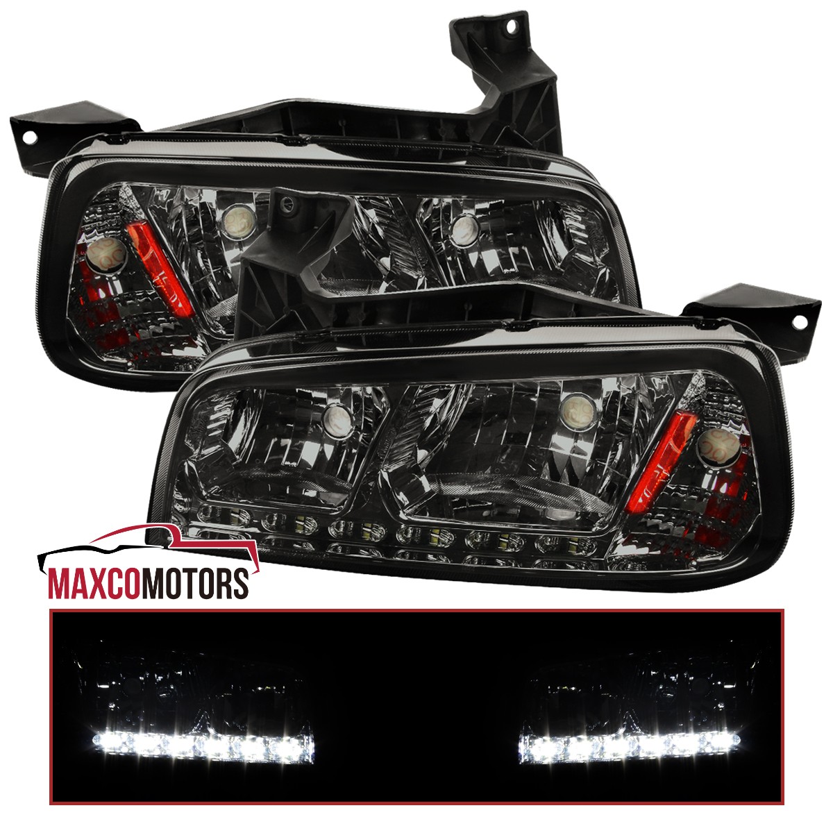 Fits 2006-2010 Dodge Charger Smoke LED Strip Headlights Headlamps Left+Right Fits 2006-2010 Dodge Charger Smoke LED Strip Headlights Headlamps Left+Right