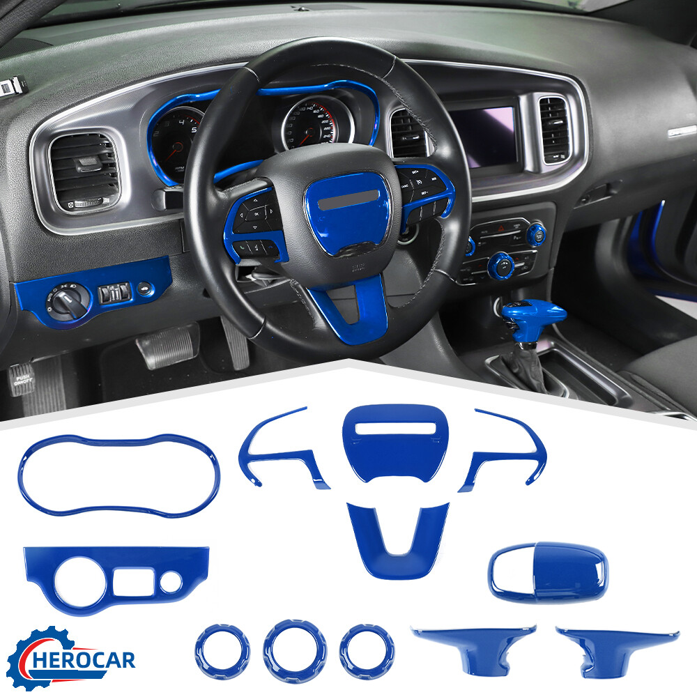 12pcs/Set Decor Panel Cover Ring Trim Full Kit For Dodge Charger 15+ ABS Blue