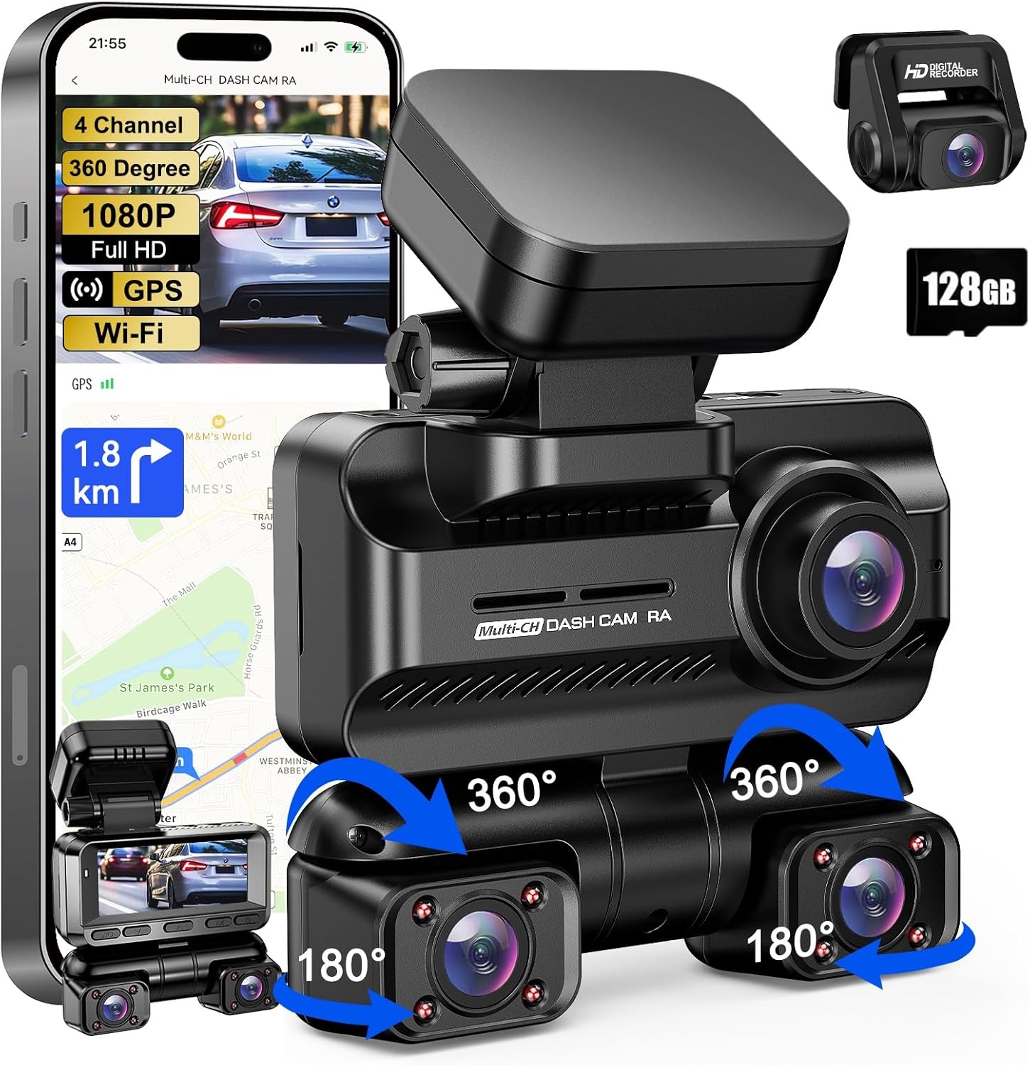 4K HD 4 Channel Front Rear Inside Dash Cam For Tesla All Vehicle 128G GPS WIFI