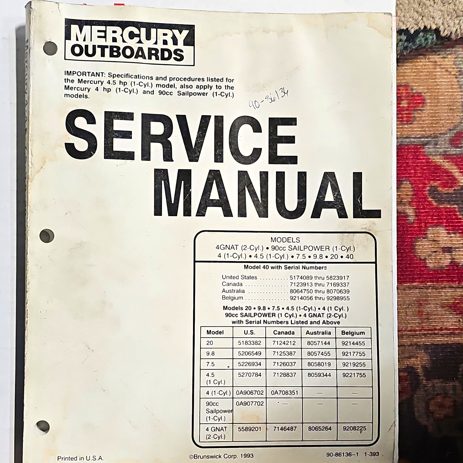 Mercury Outboard Service Manual OEM 90-86136 4HP GNAT 4.5 7.5 9.8 20 40HP OUTBOA
