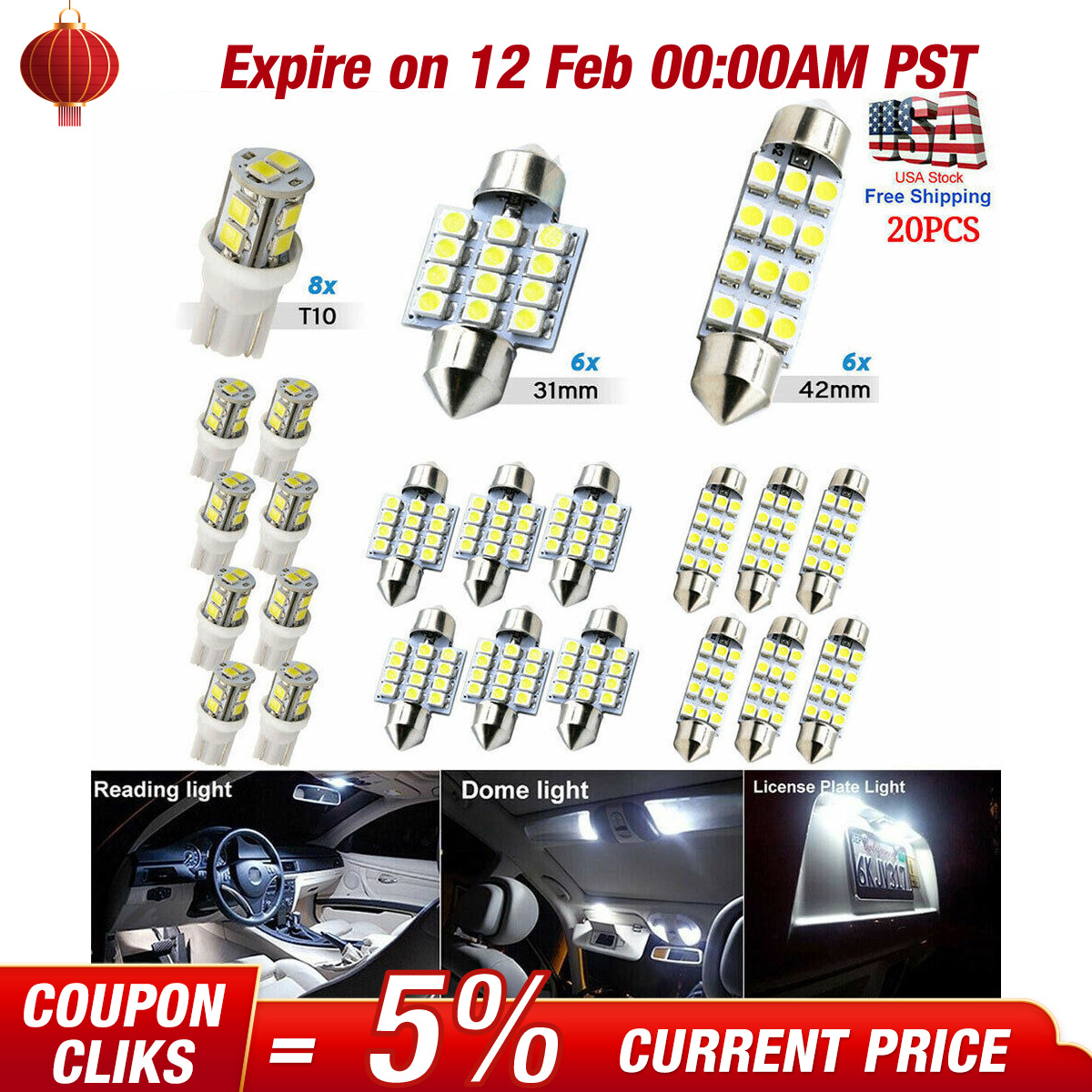20pcs LED Interior Lights Bulbs Kit Car Trunk Dome License Plate Lamps 6500K