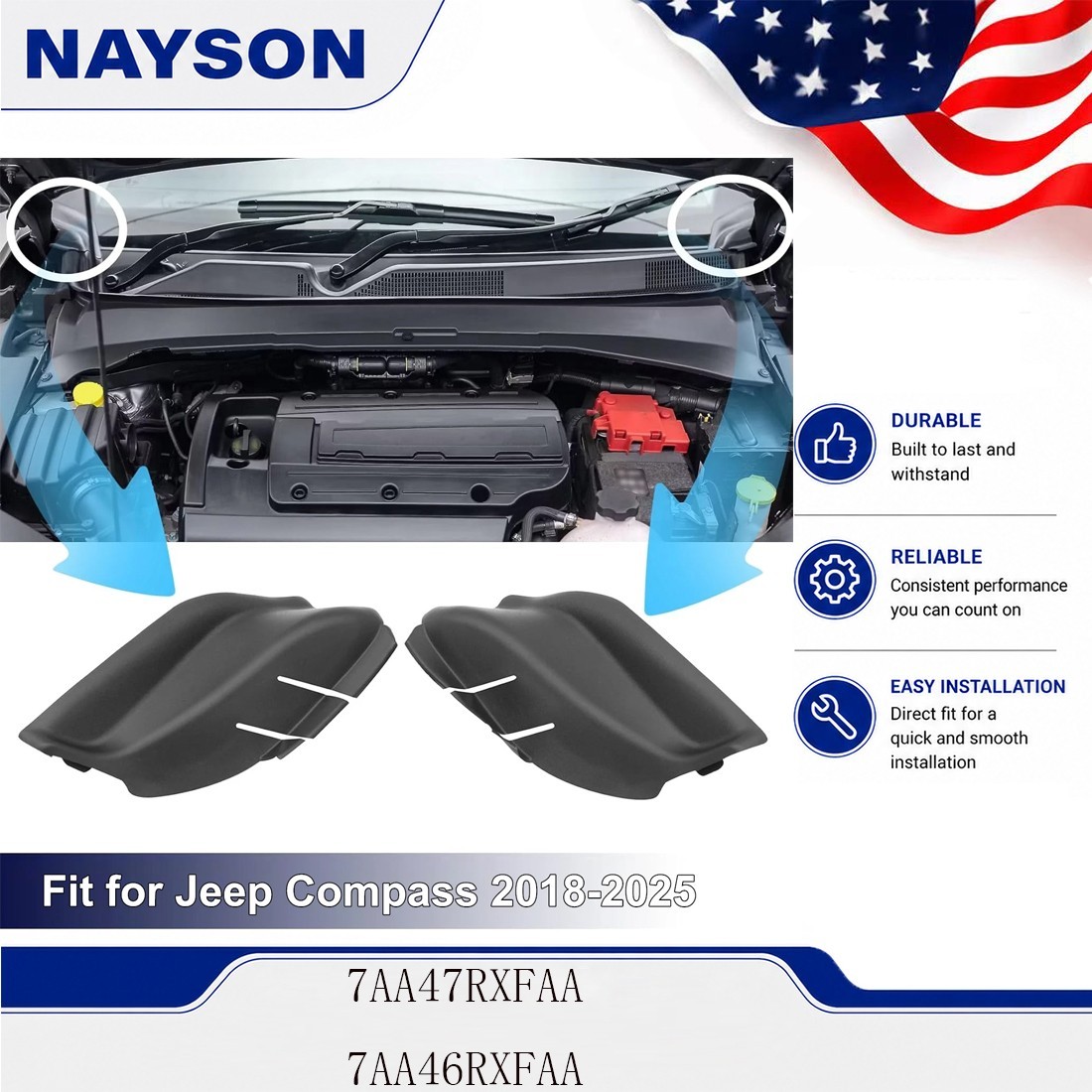 NAYSON 2x L+R Trims Cowl Panel 7AA47RXFAA for Jeep Compass 2019-2023 7AA46RXFAA