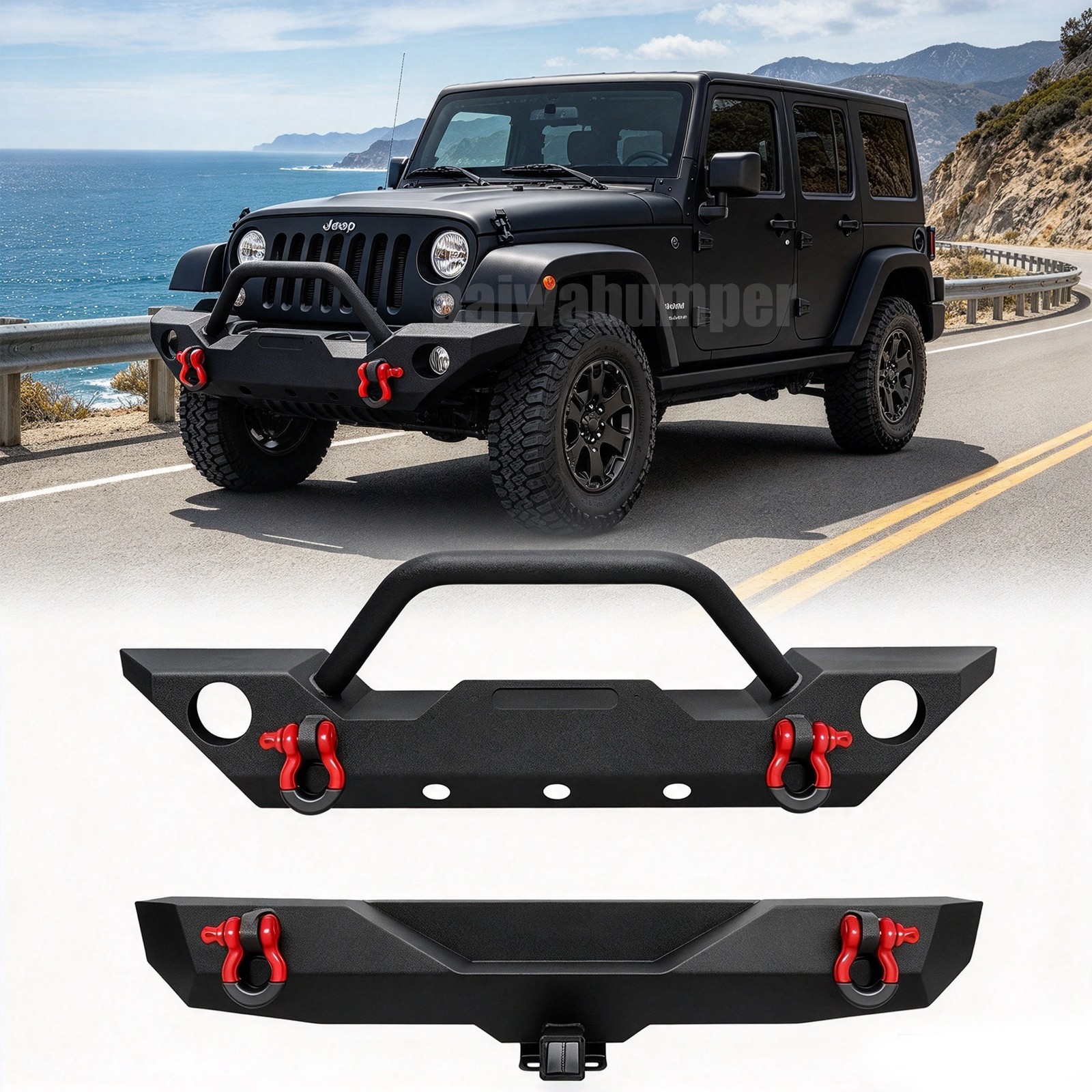 Fits 2007-2017 Jeep Wrangler JK Steel Front and Rear Bumpers with RED D-ring