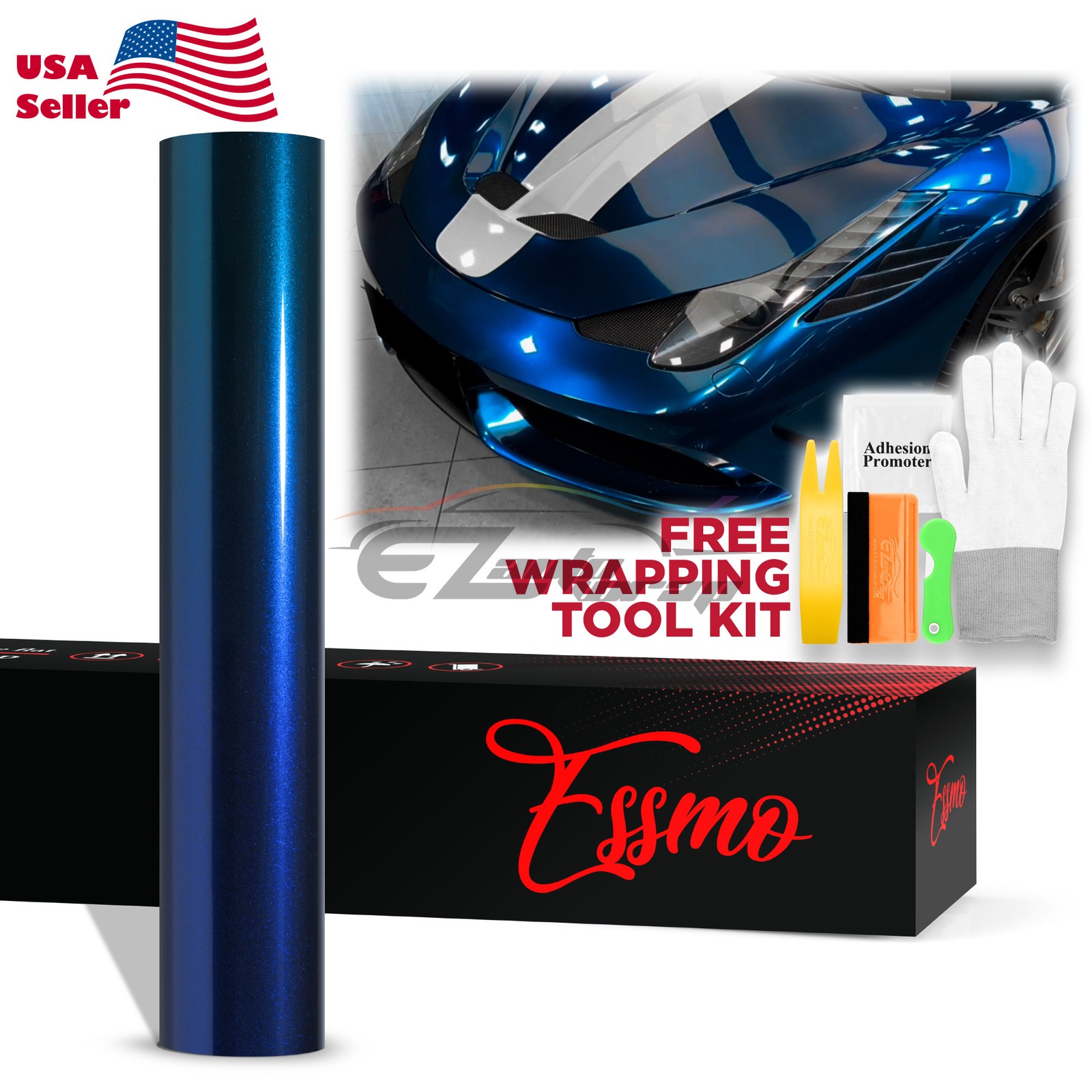 ESSMO PET Super Gloss Metallic Shadow Blue Auto Vinyl Wrap Film Decal Like Paint