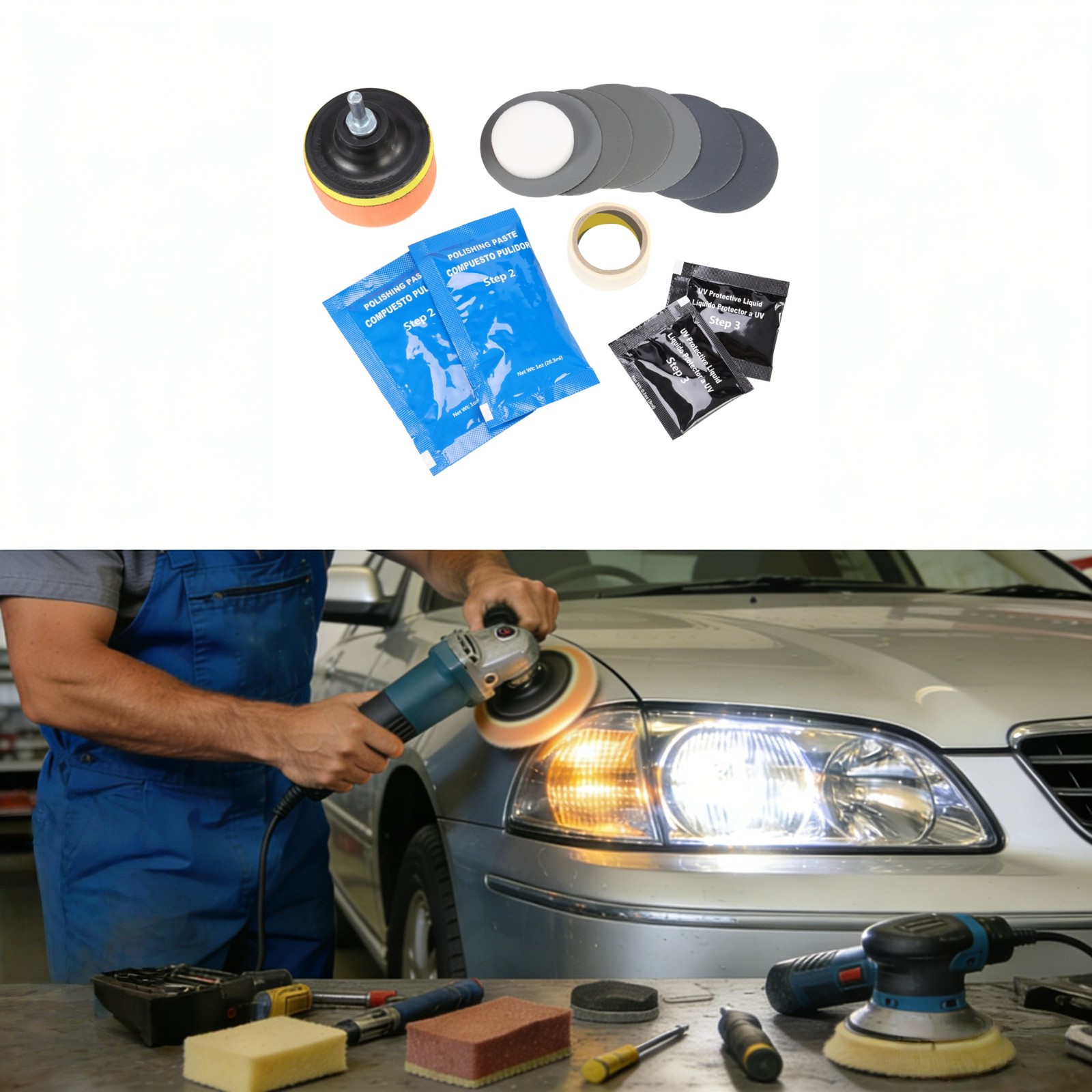Headlight Restoration Polish Kit with Lens Tools