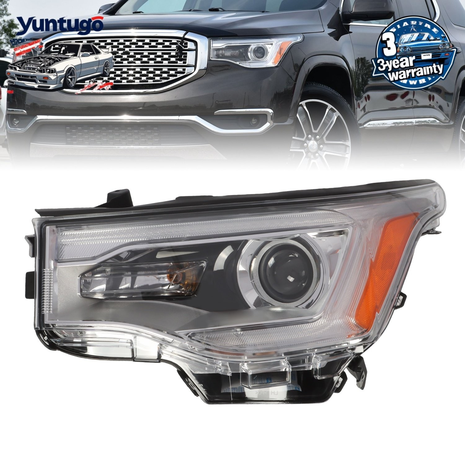 For 2017-2019 GMC Acadia Driver Side Halogen Headlight Chrome w/ LED DRL LH