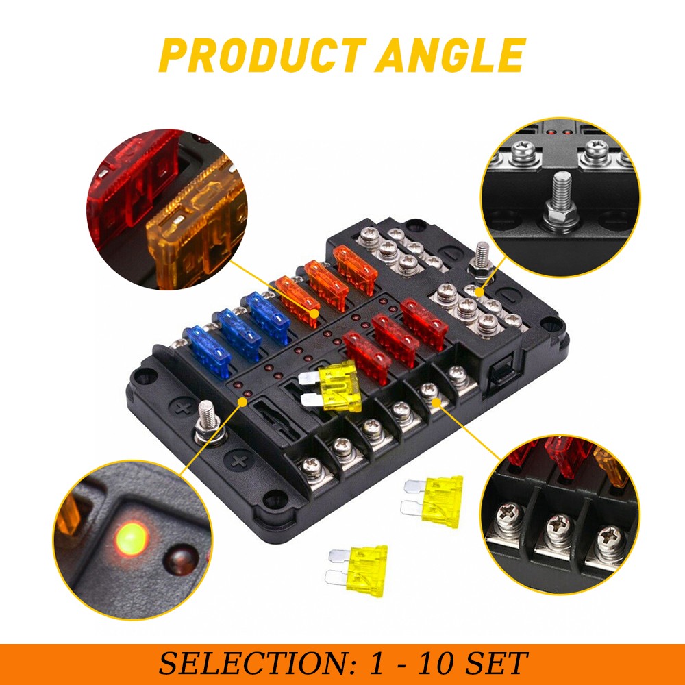 12 Way Fuse Block Marine Fuse Box LED Indicator Automotive Blade Panel 1-10Set