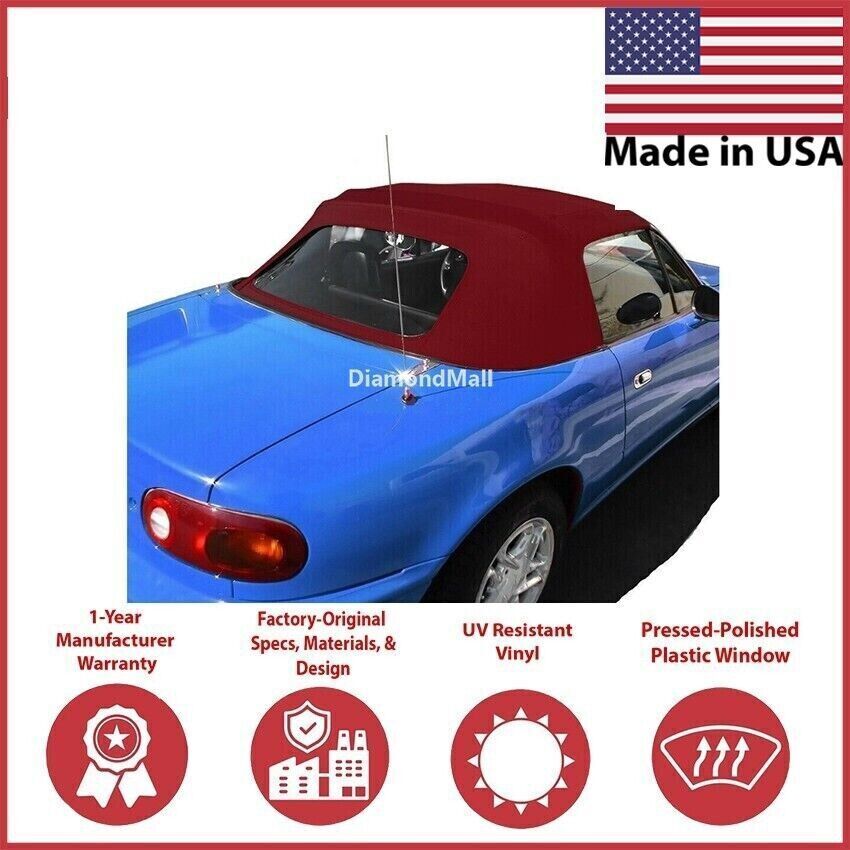 1990-05 Mazda Miata Convertible Soft Top w/DOT Approved Plastic Window BURGUNDY