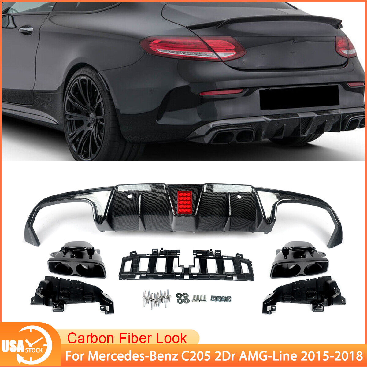 For Mercedes-Benz C205 C43 C63 AMG 2015-2018 Rear Diffuser w/ Tailpipe Tips