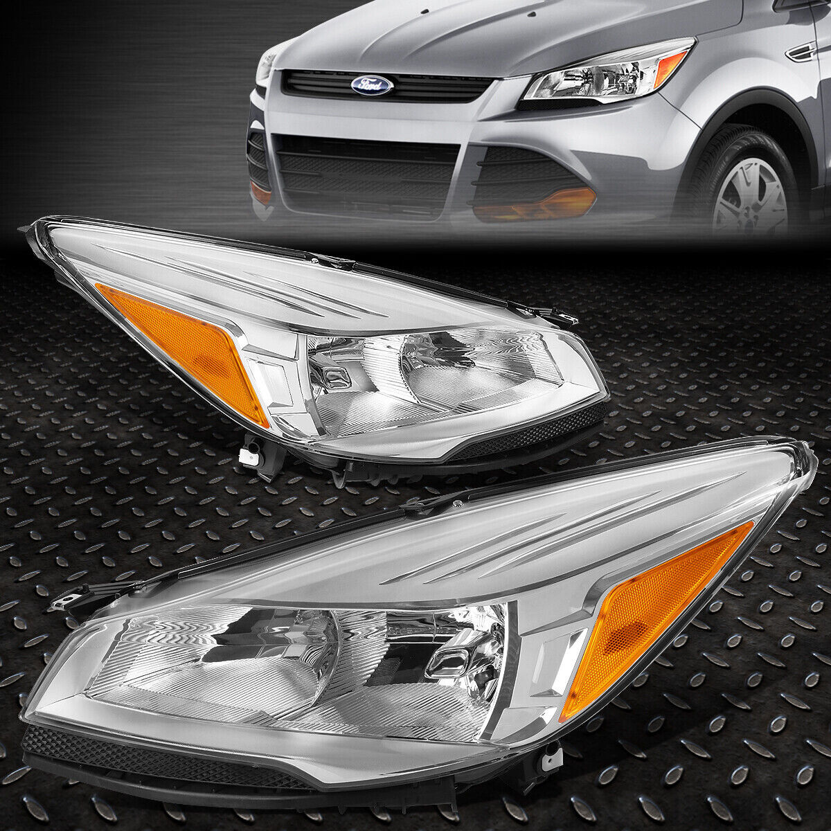 FOR 13-16 FORD ESCAPE CHROME HOUSING AMBER CORNER HEADLIGHT REPLACEMENT HEADLAMP