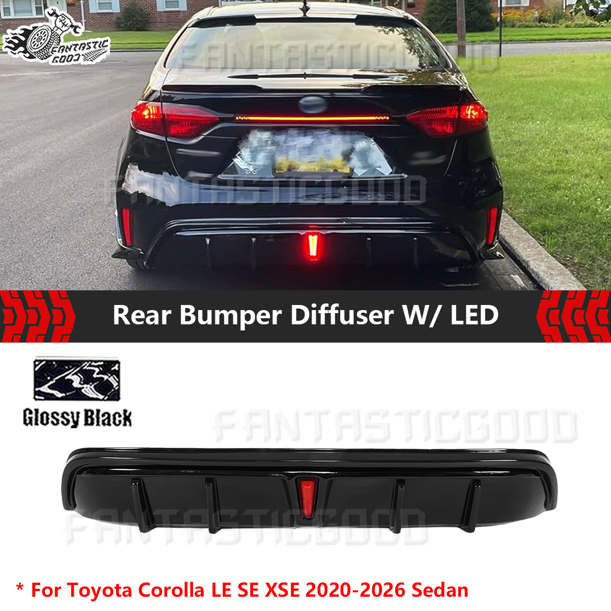For Toyota Corolla LE SE XSE 20-26 Sedan Rear Bumper Diffuser W/ LED Gloss Black