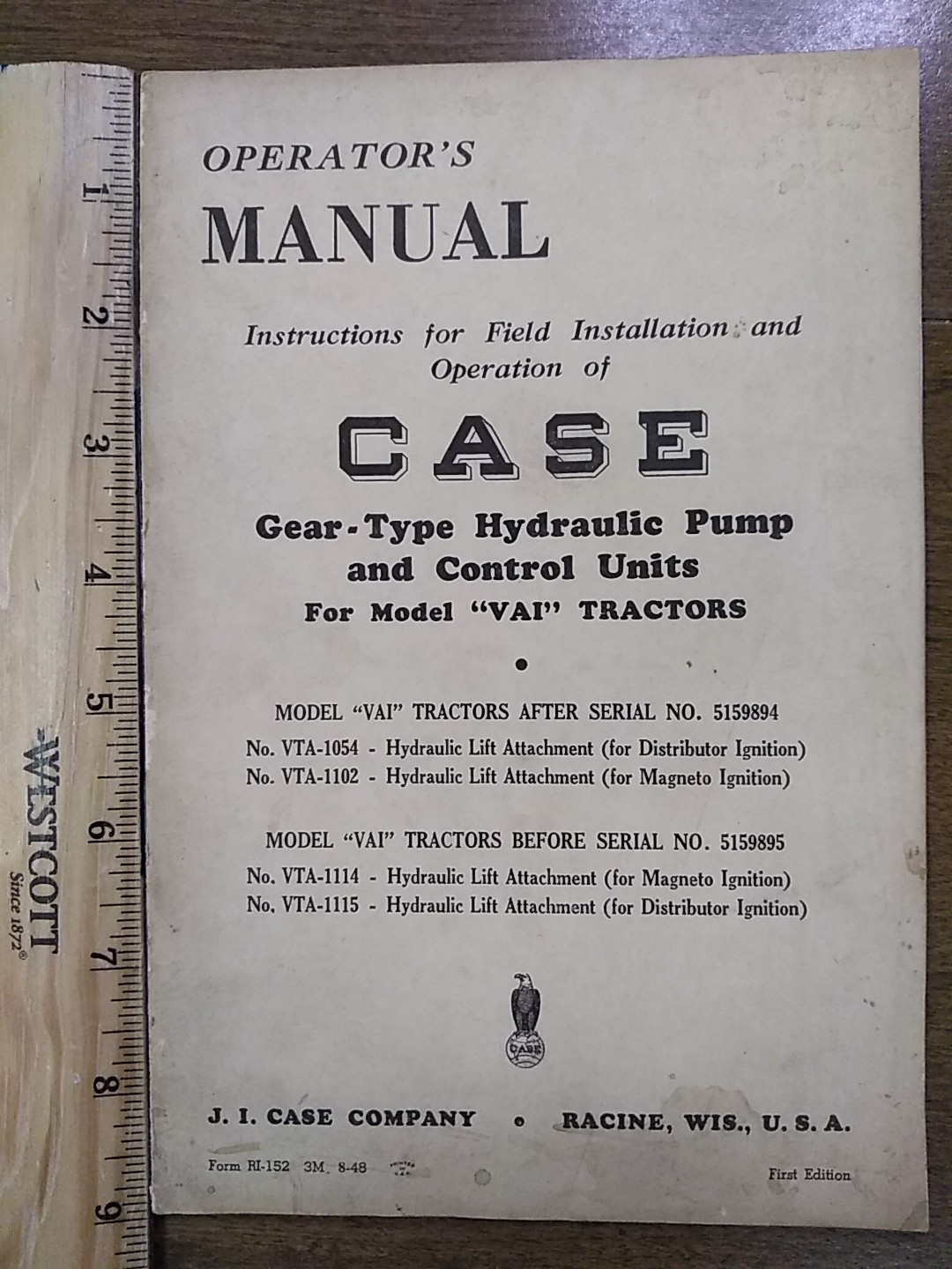 CASE OPERATORS INSTRUCTION MANUAL gear-type hydraulic for VAI tractors 1st Ed.