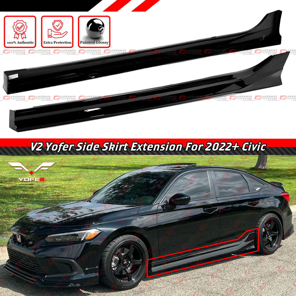 For 22-26 Honda Civic Sedan Hatchback Yofer V2 Gloss Black Side Skirt Extension For 22-26 Honda Civic Sedan Hatchback Yofer V2 Gloss Black Side Skirt Extension