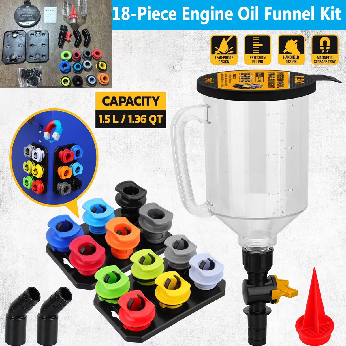 18Pcs Engine Oil Funnel Set 1.5L with 12 Adapters, GM Ford BMW Audi Oil Fill Kit 18Pcs Engine Oil Funnel Set 1.5L with 12 Adapters, GM Ford BMW Audi Oil Fill Kit